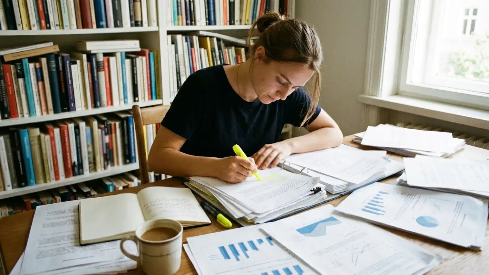 student highlighting notes at a study desk with charts, notebook, and coffee while preparing for a social science test