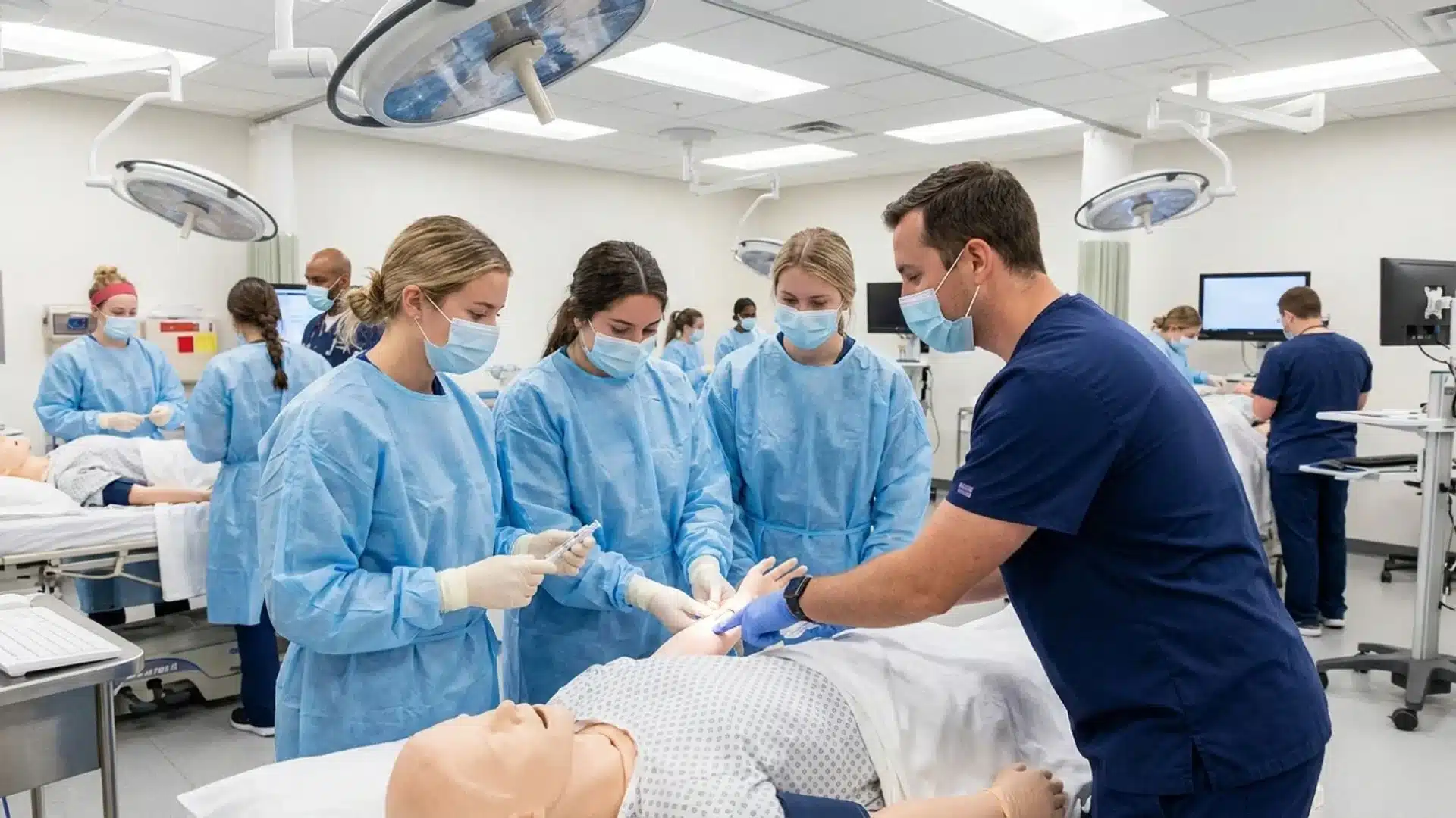 nursing students in blue gowns and masks practicing a clinical procedure on a medical mannequin in a skills lab