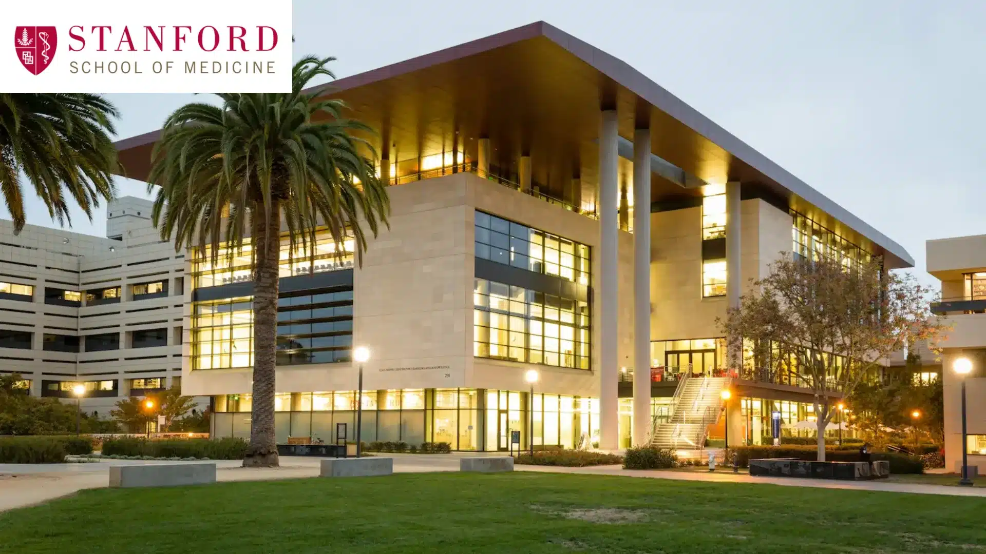 stanford university school of medicine modern building exterior with palm trees
