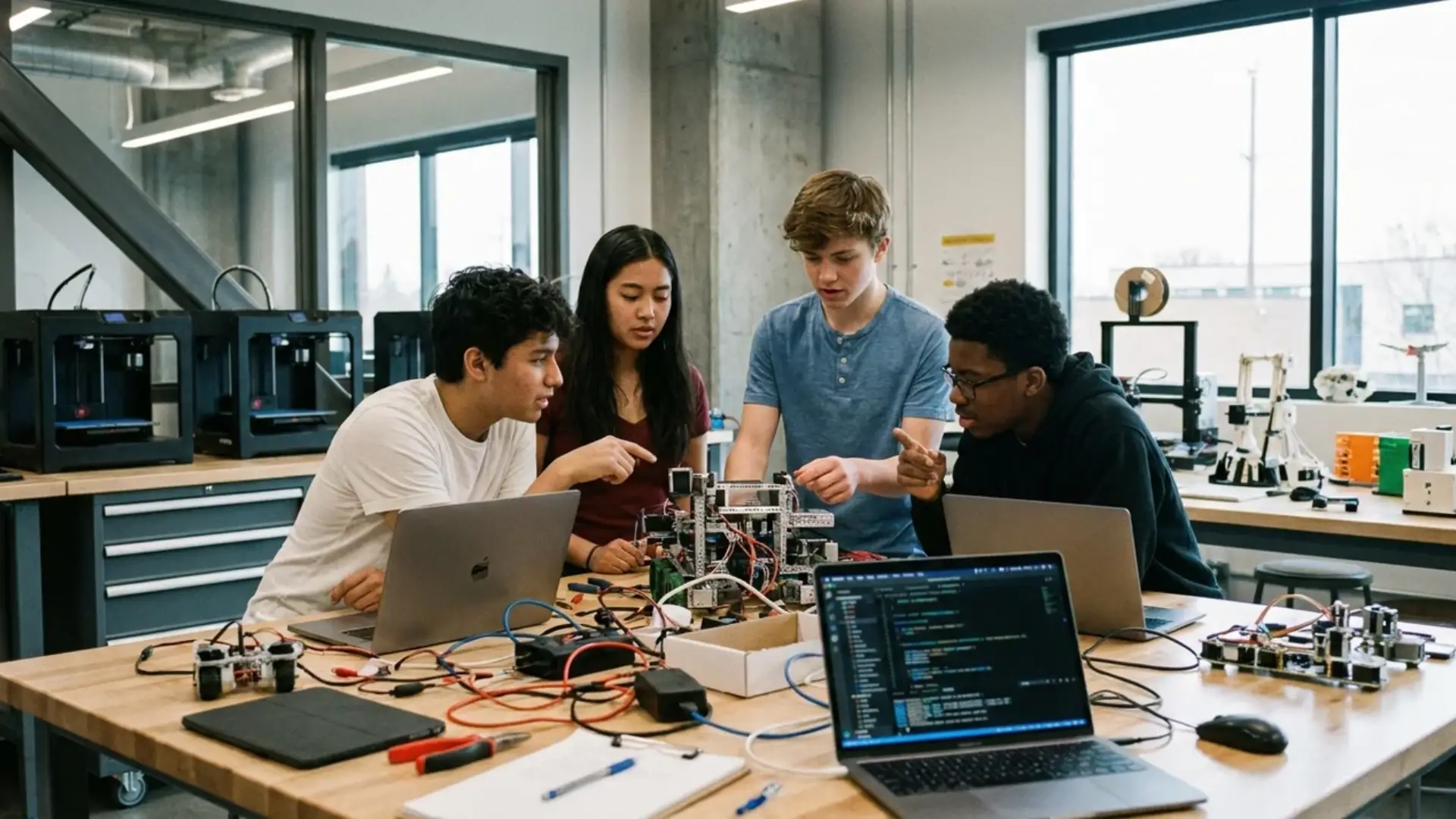 high school students building a robotics project together in a modern school lab