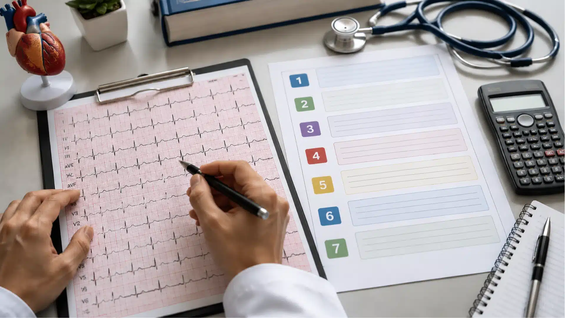 ecg strip analysis setup with medical tools and interpretation checklist on clinical study desk