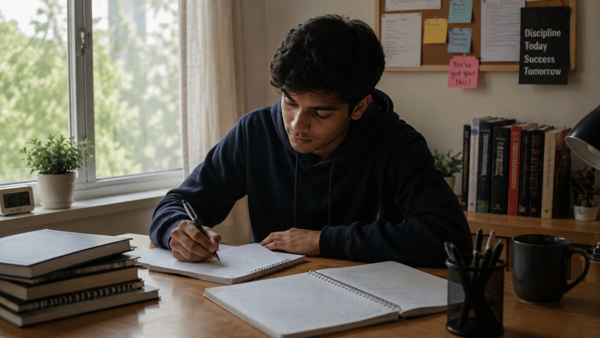 student writing college application notes at desk with motivational quotes and study materials for NYU admissions strategy