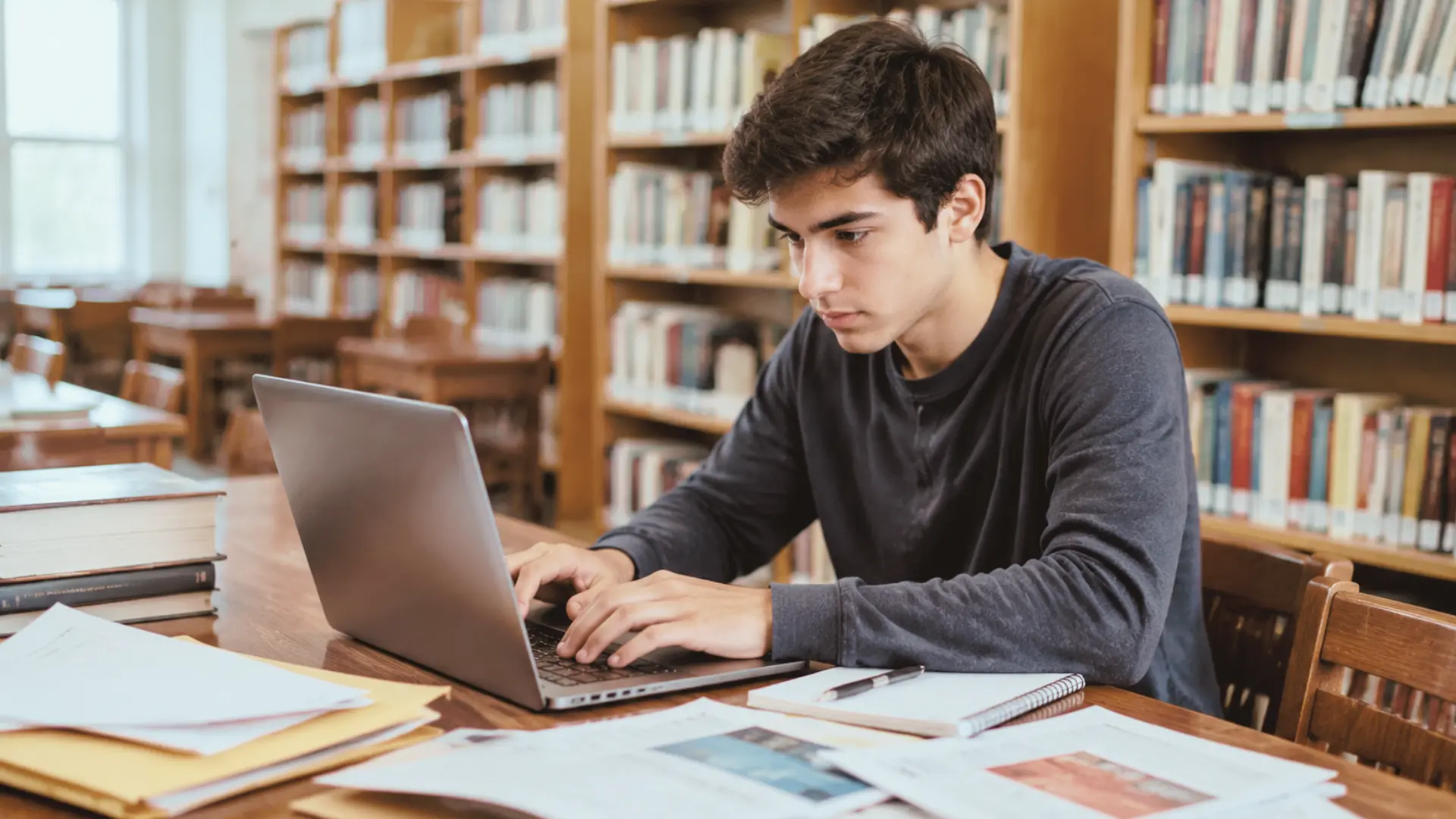 high school student reviewing college options and act score results with application materials in a library setting