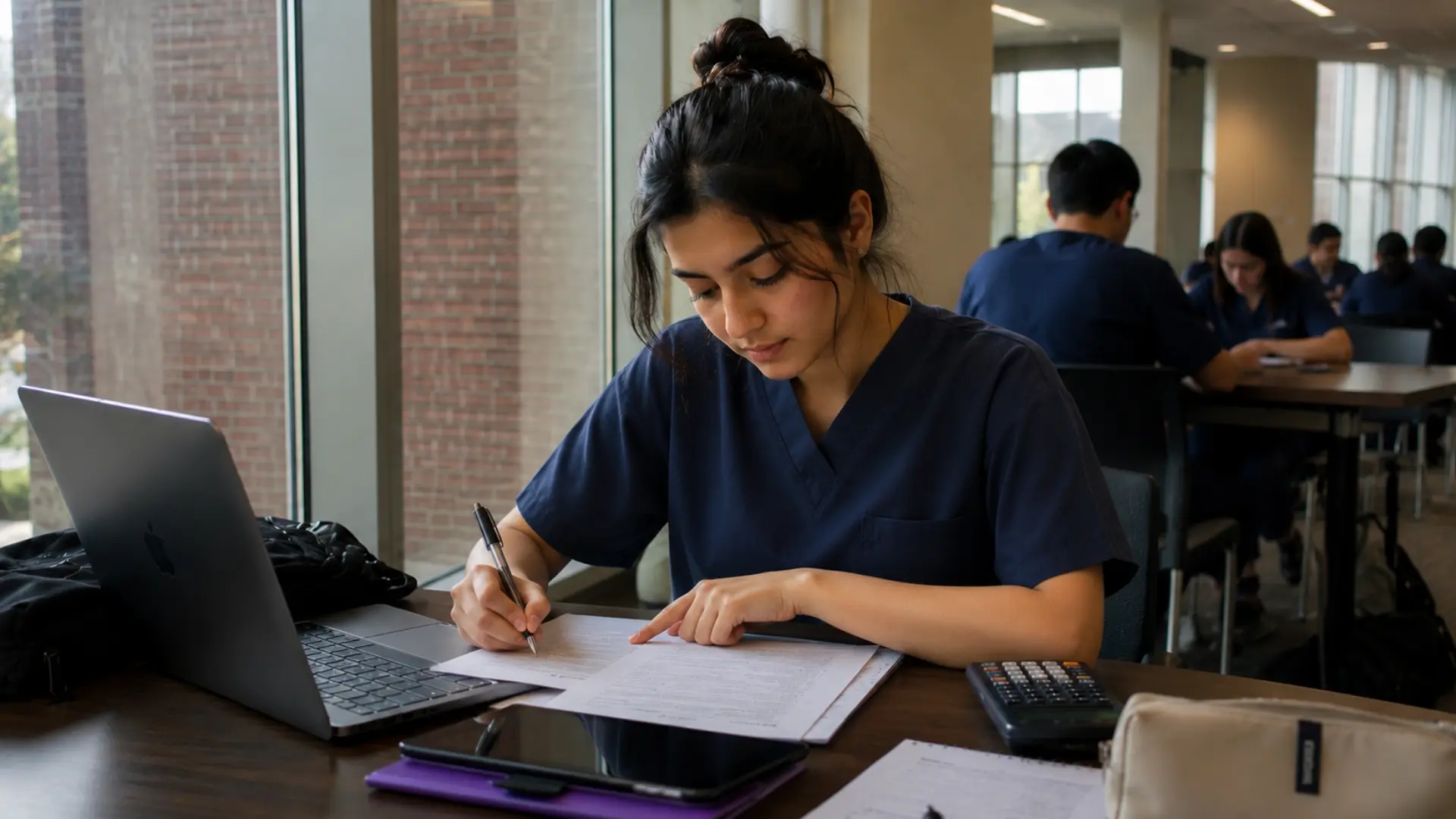 nursing student in scrubs filling out nclex application paperwork in a study area