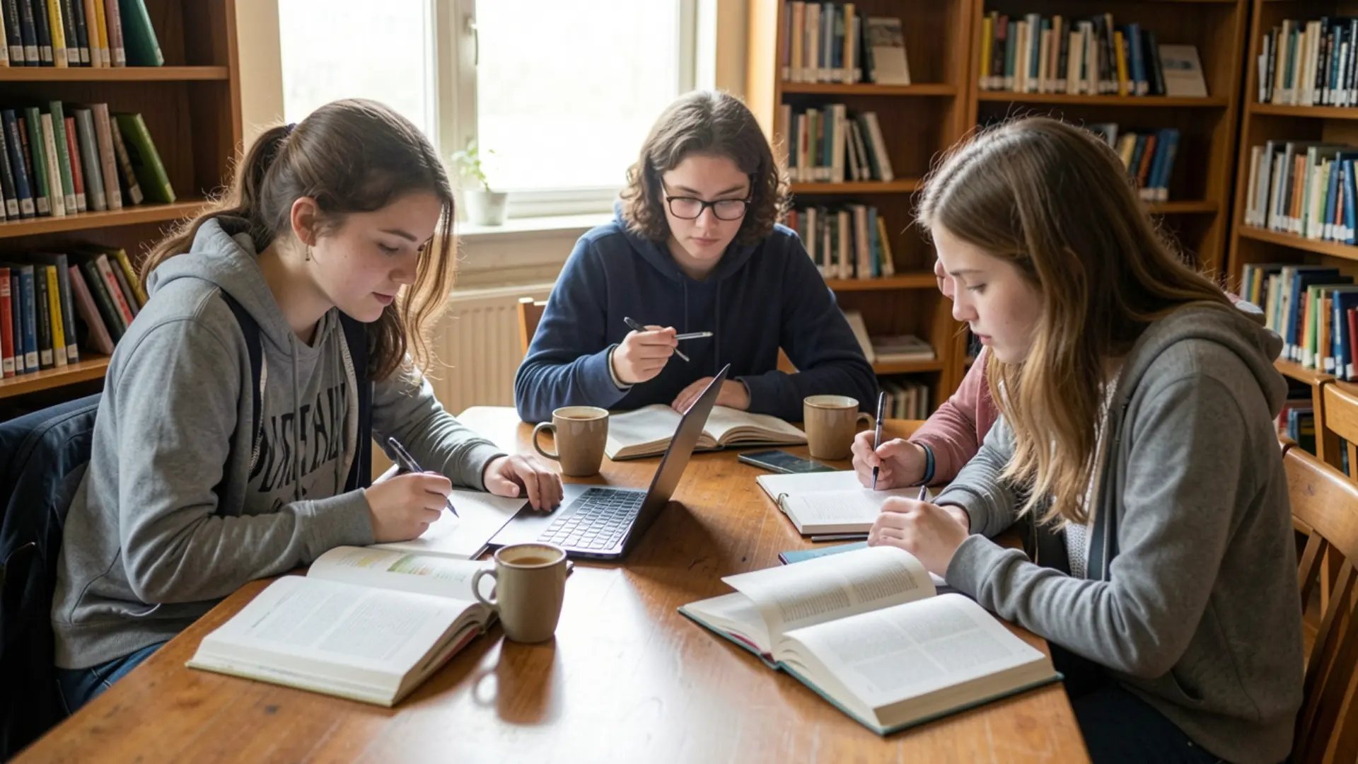 college students studying together with textbooks and notes at library table