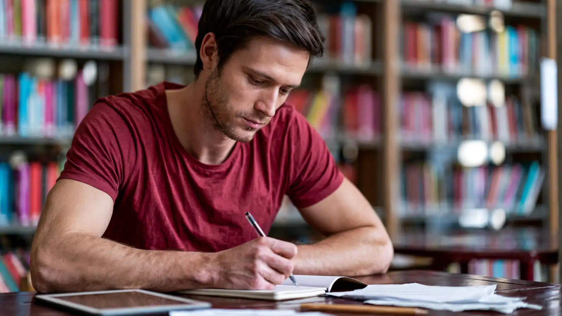 young man in a red t-shirt writing notes in a notebook at a library table, with a tablet, pencil, and papers nearby and bookshelves in the background.