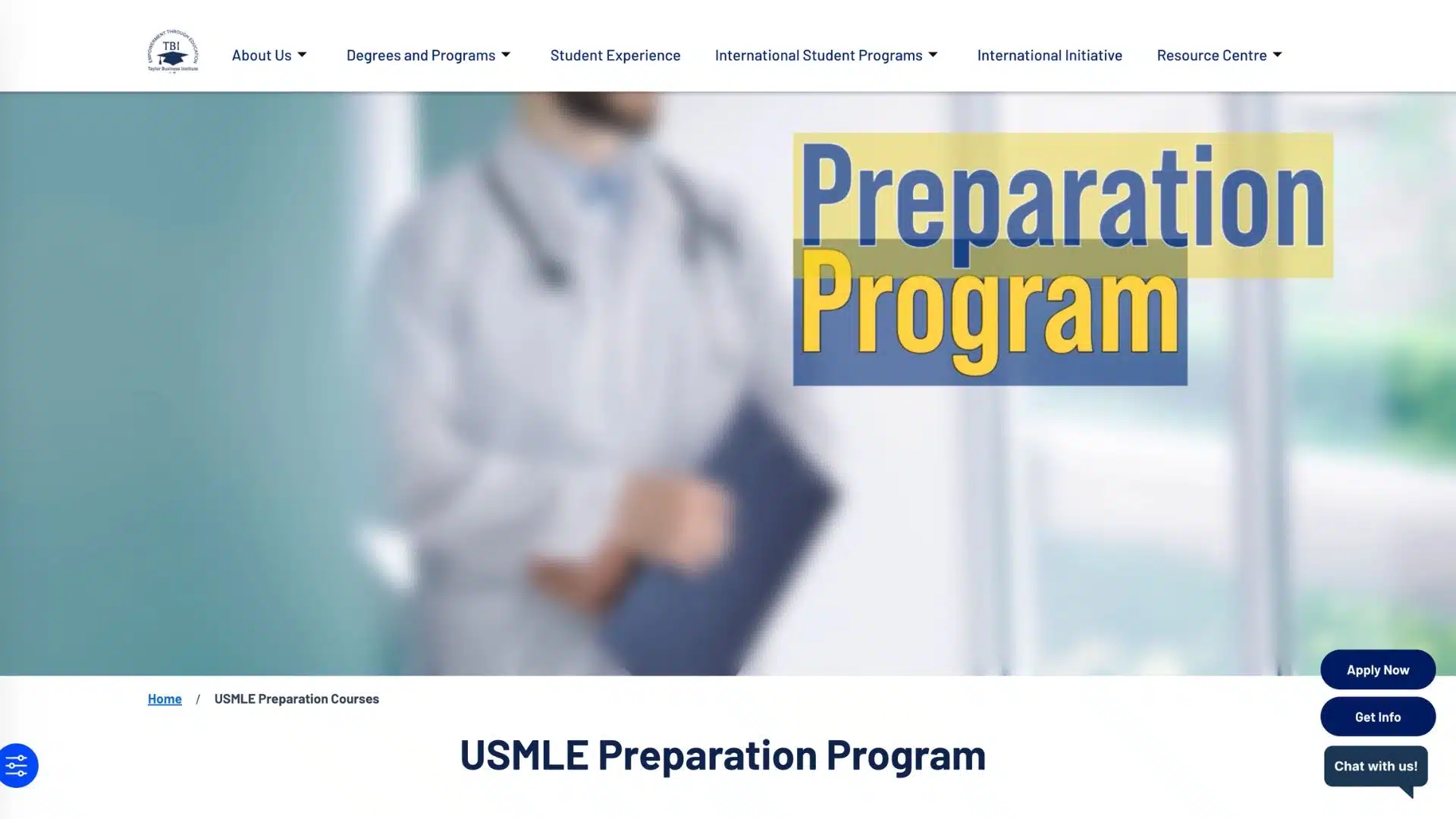 taylor business institute usmle preparation program page showing course enrollment and program details