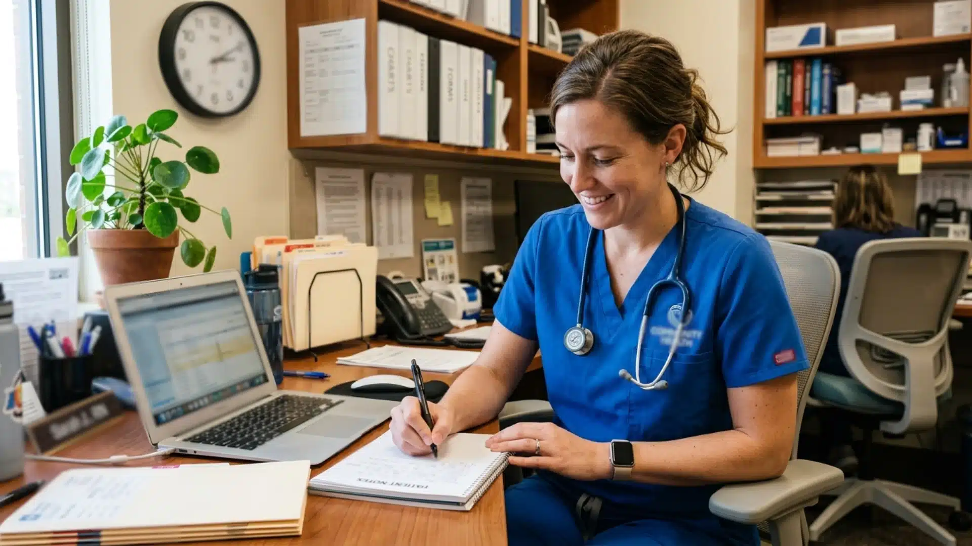 a nurse in blue scrubs writes in a notebook at a desk beside a laptop, with office shelves, a clock, and a plant behind her