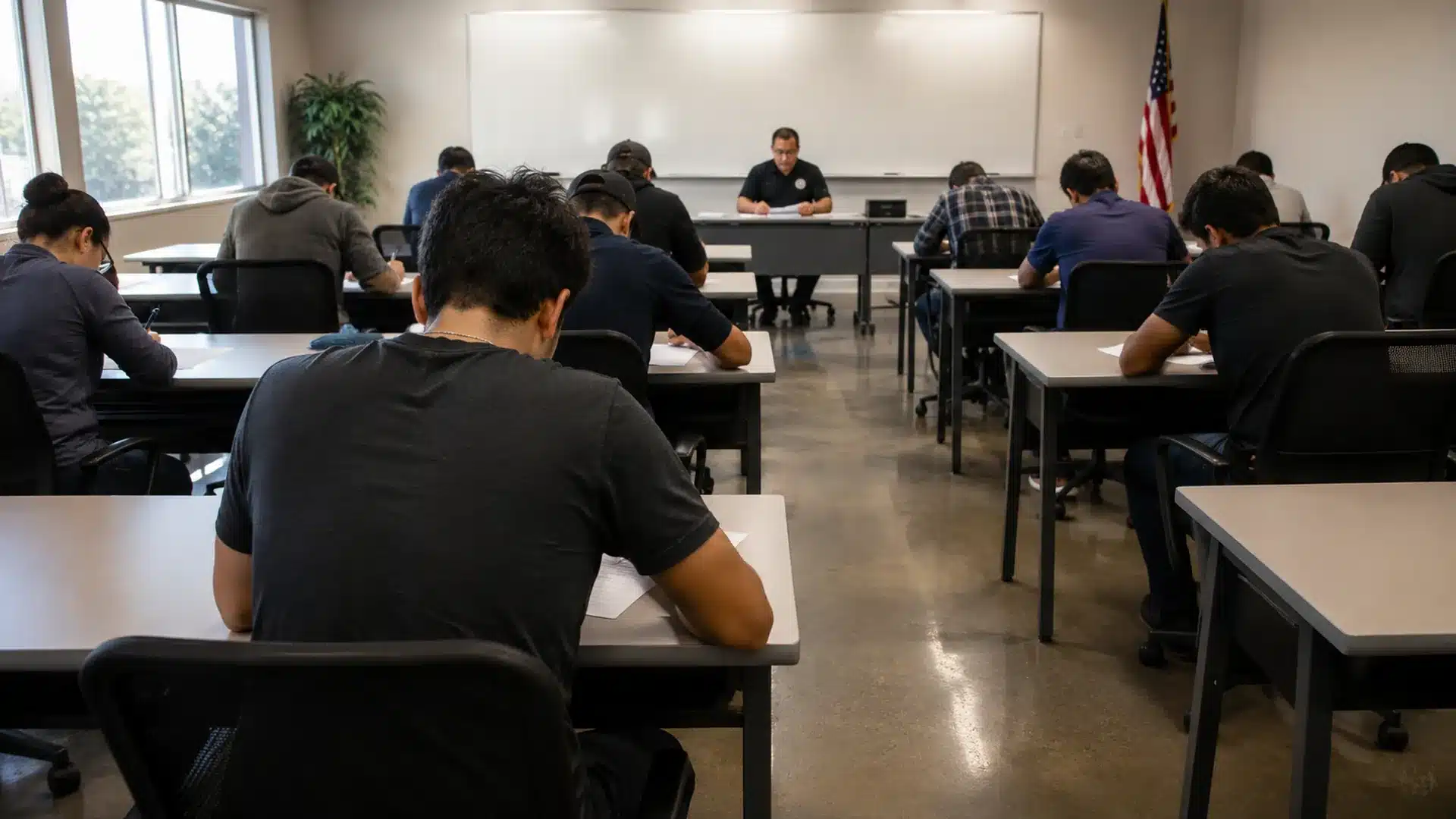 adults taking a california firearm safety certificate exam in a proctored testing room with spaced desks
