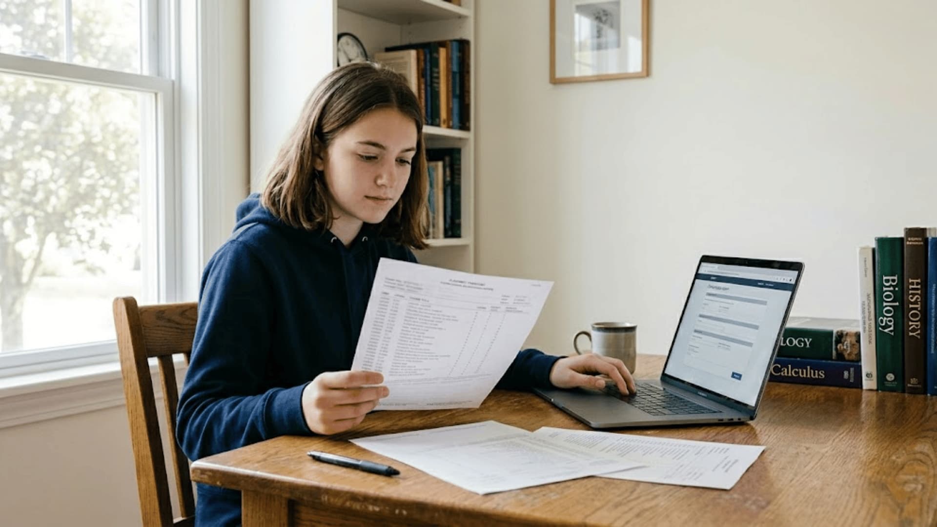 student reviewing a transcript-style printed document at a desk with a laptop open nearby