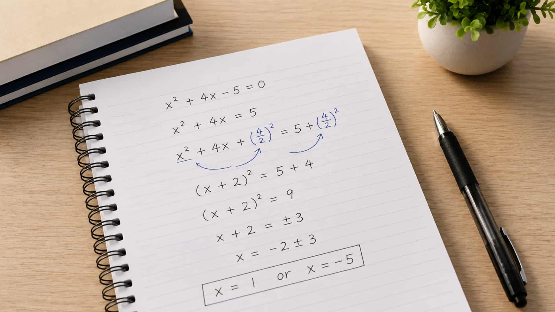Step-by-step completing the square method shown in notebook with handwritten algebra solution on a wooden desk