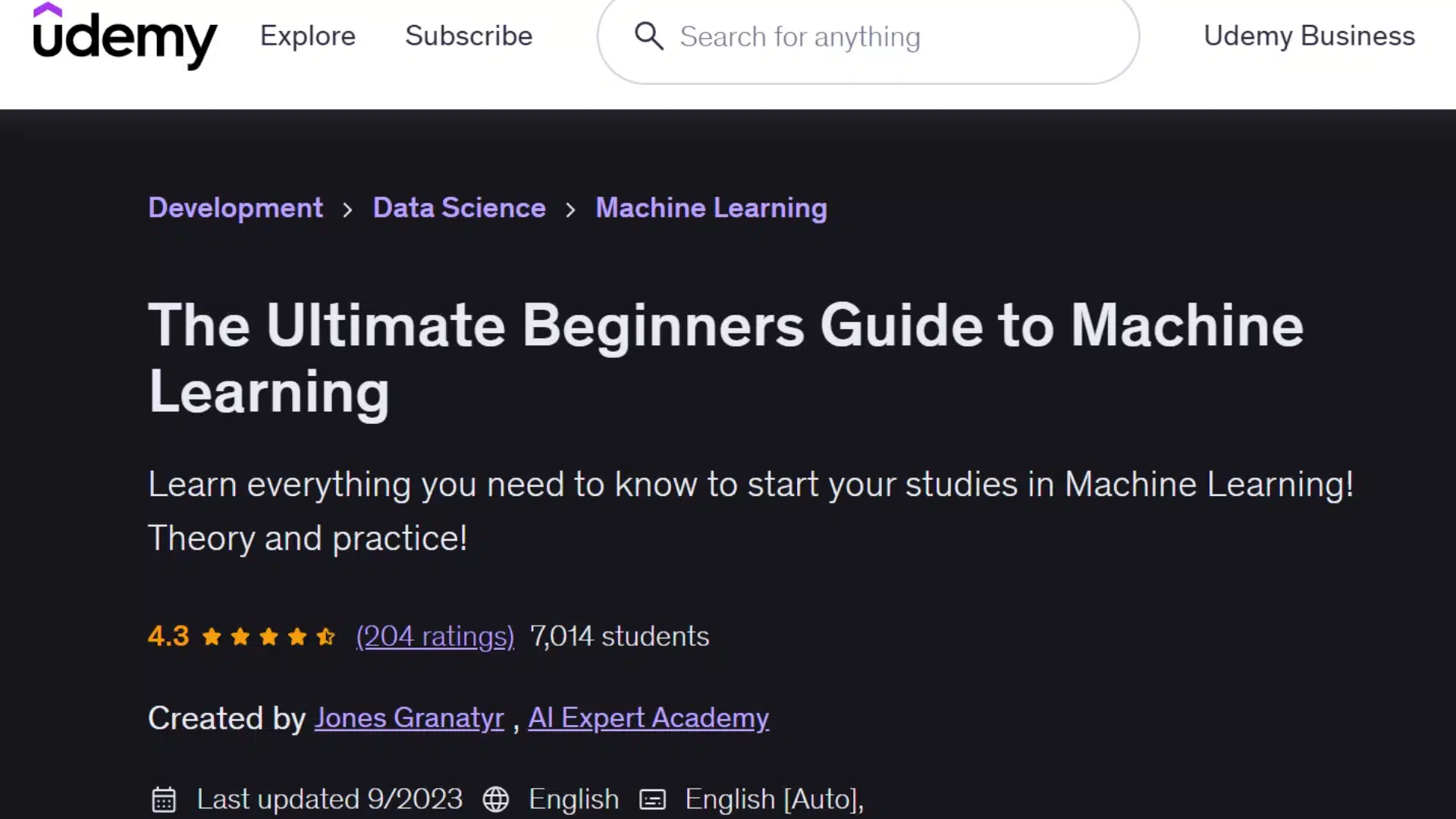 udemy page introducing machine learning basics with beginner-friendly theory and practical lessons