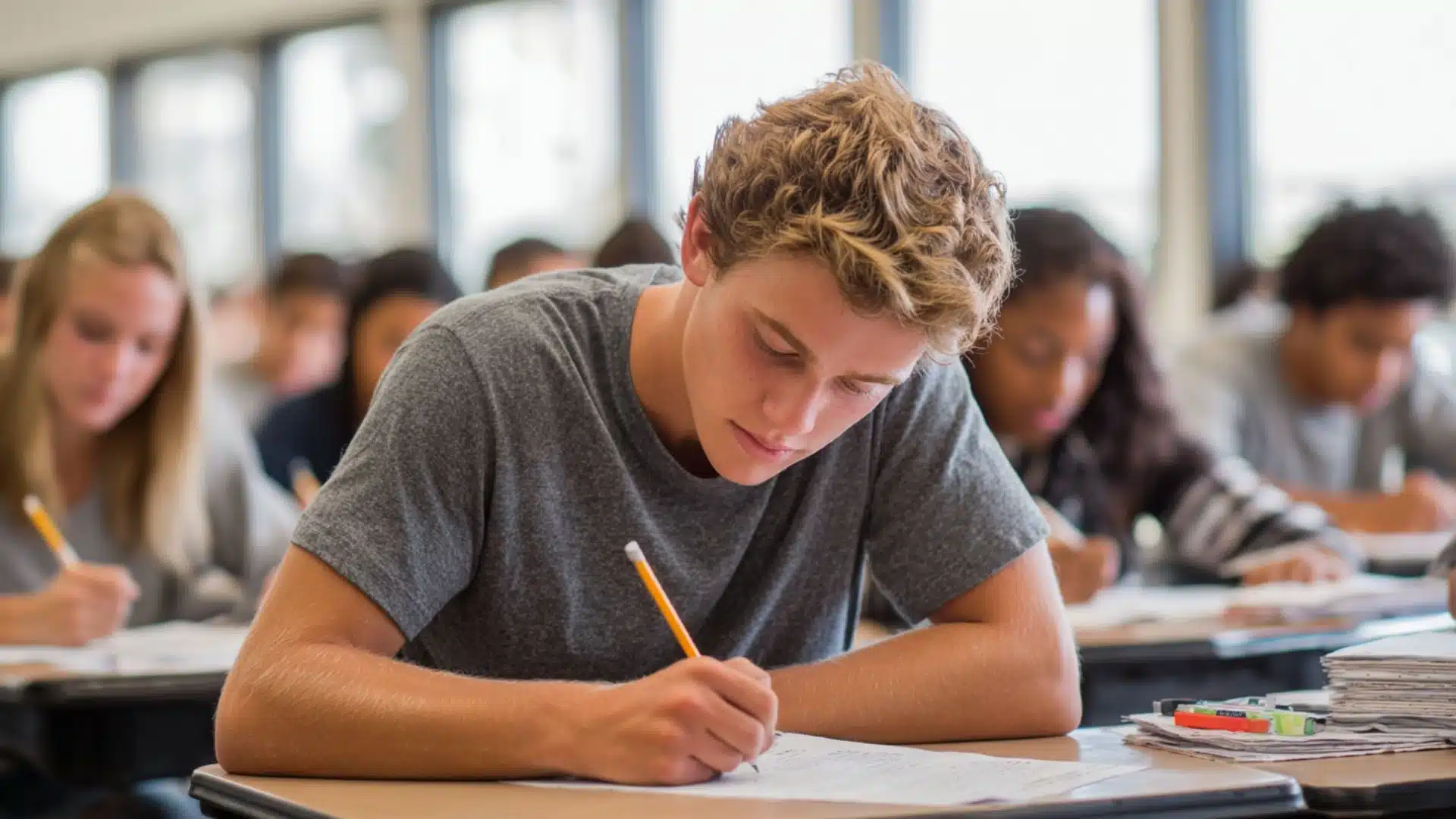a focused teenage boy with curly blonde hair writing on an exam paper with a yellow pencil in a classroom full of students.