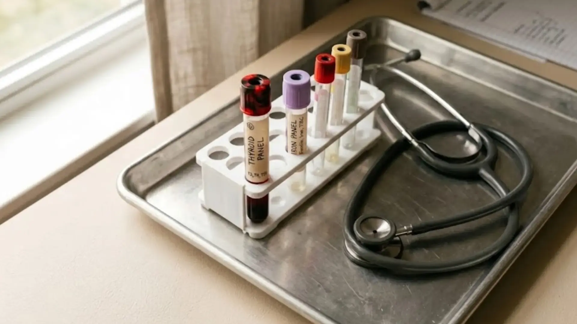 blood collection tubes for thyroid and iron panels placed on a medical tray beside a stethoscope