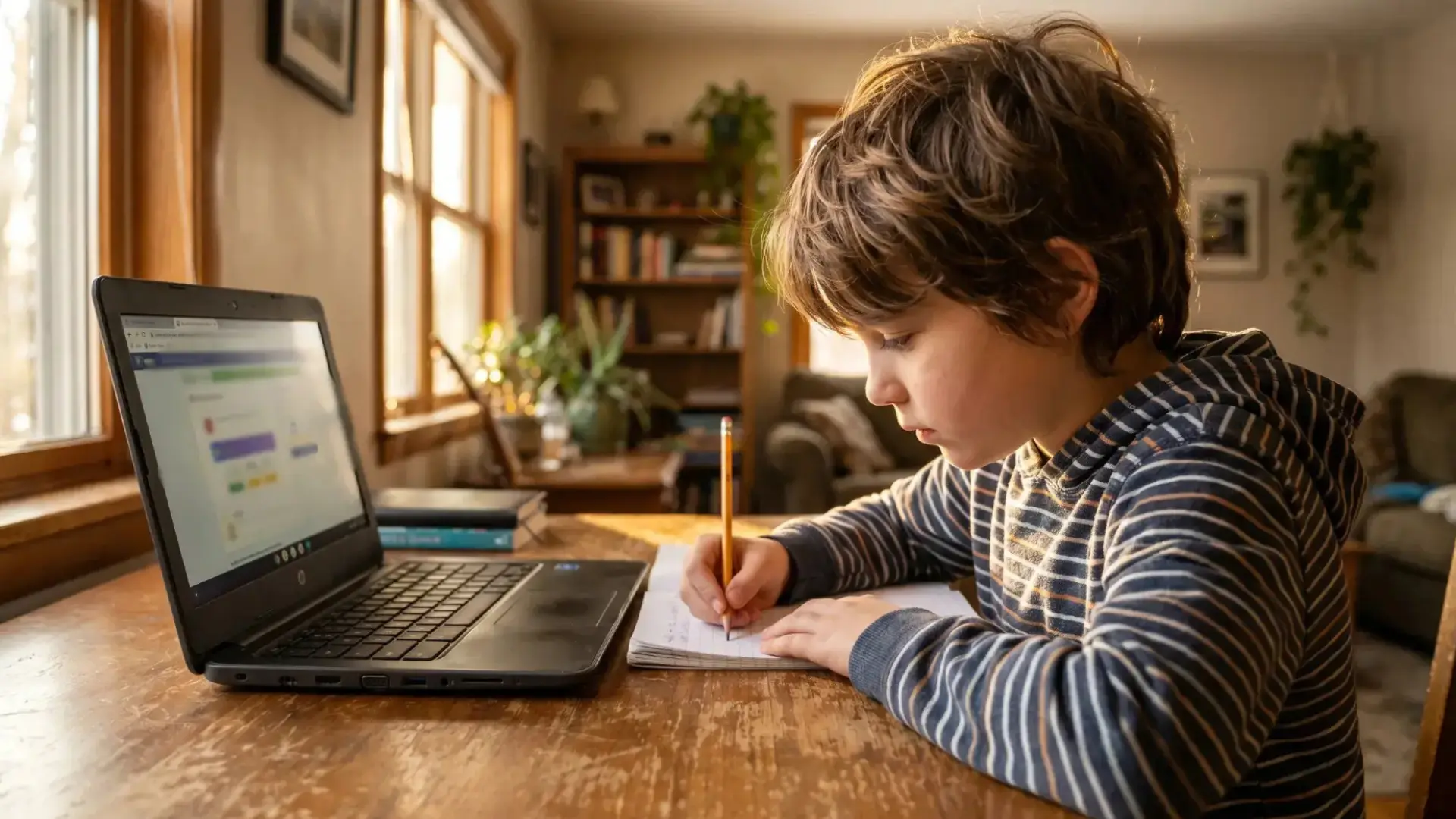 a child writing notes at a wooden desk with a laptop open showing a homeschool lesson