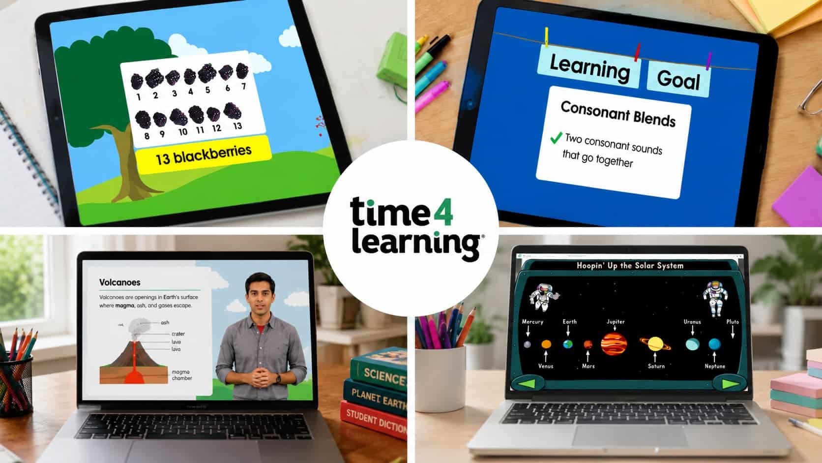 split collage showing four time4learning lesson screens with counting, phonics, science, and solar system activities around the official logo