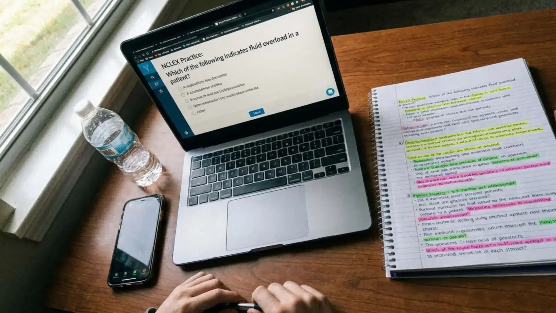 laptop displaying an NCLEX practice question beside highlighted notes, a phone and bottle