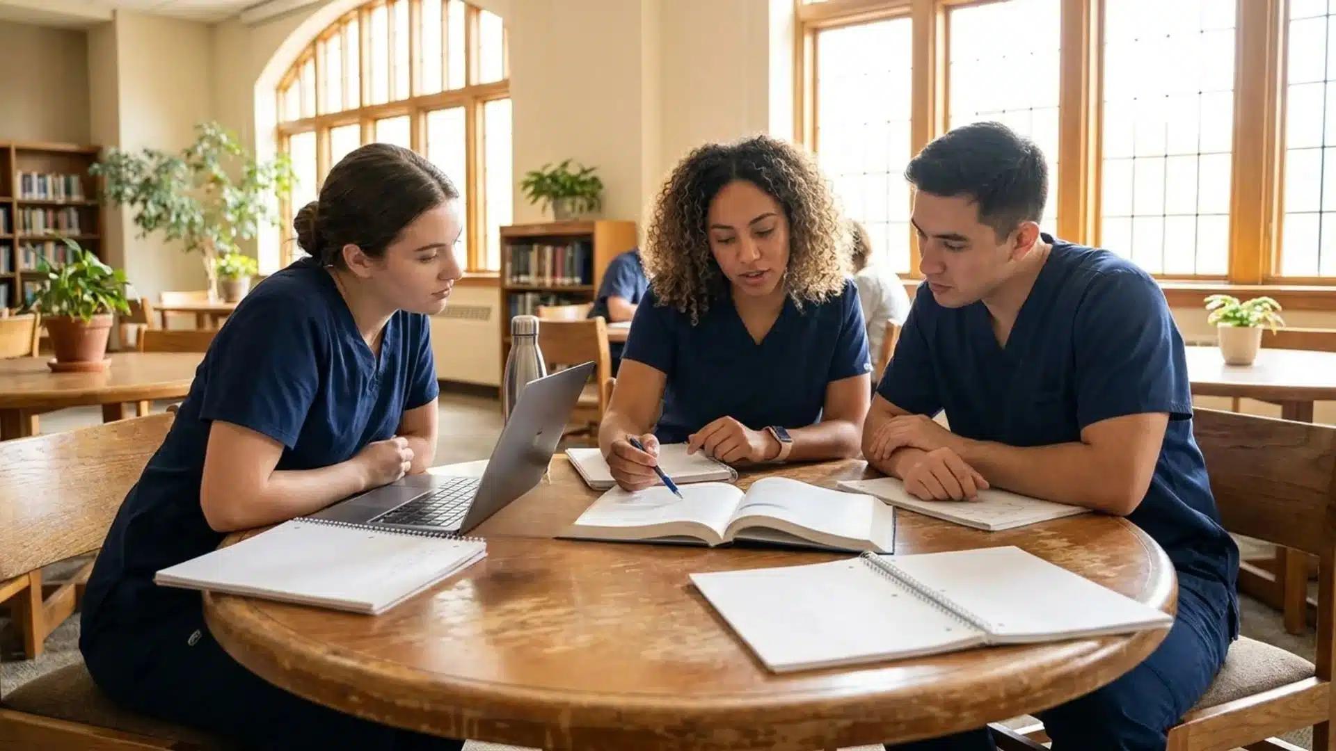 three nursing students in navy scrubs sitting at a round table studying together with open books and notebooks
