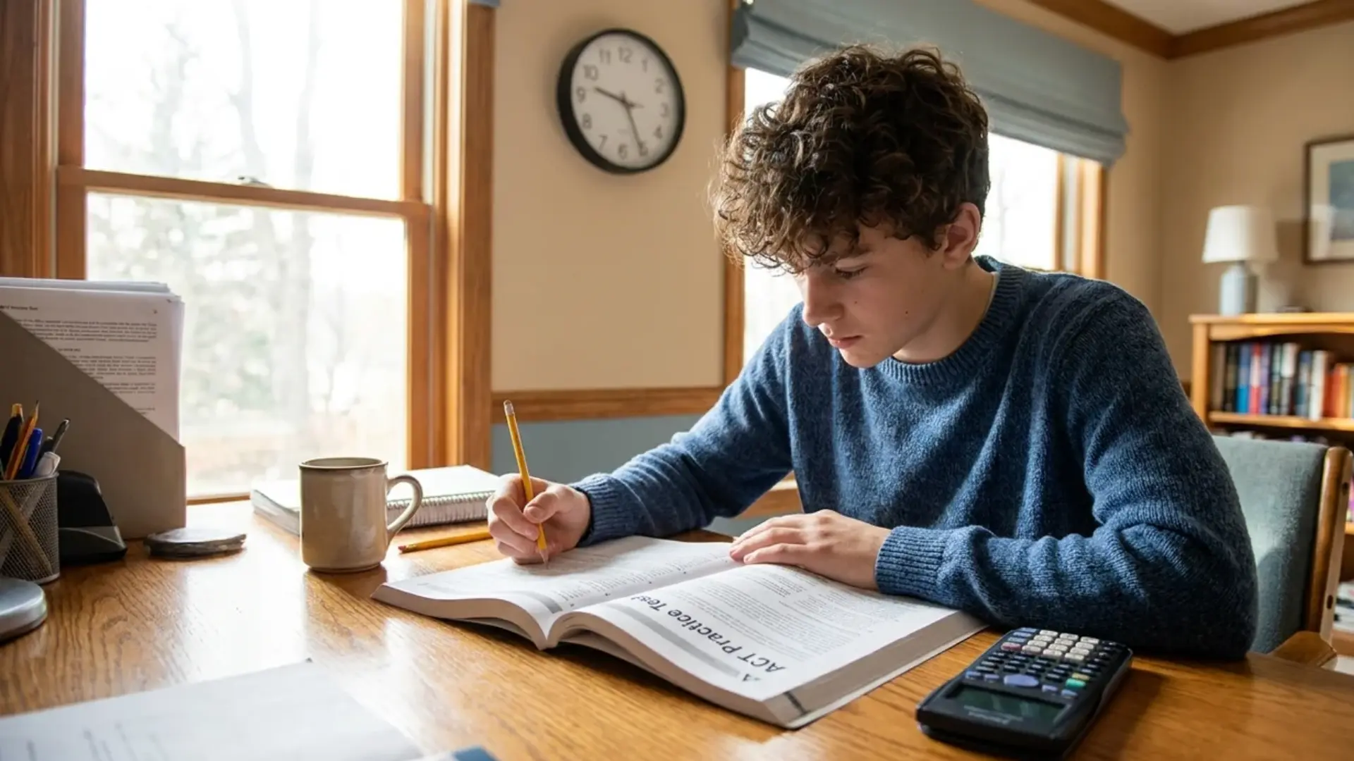 student completing an act practice test at a desk with a calculator, pencil, and study materials