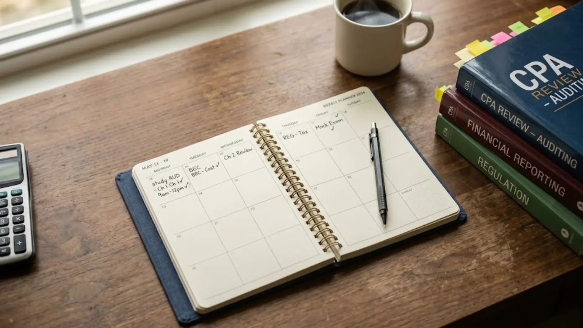 weekly planner with cpa study notes beside calculator coffee and review textbooks on desk