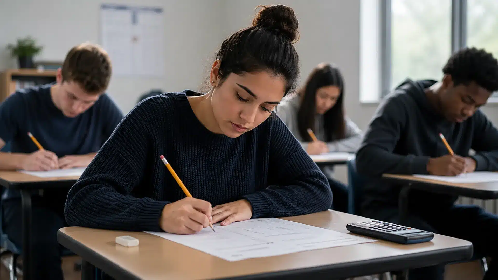 students taking a ged math practice test in a bright classroom with calculators on individual desks