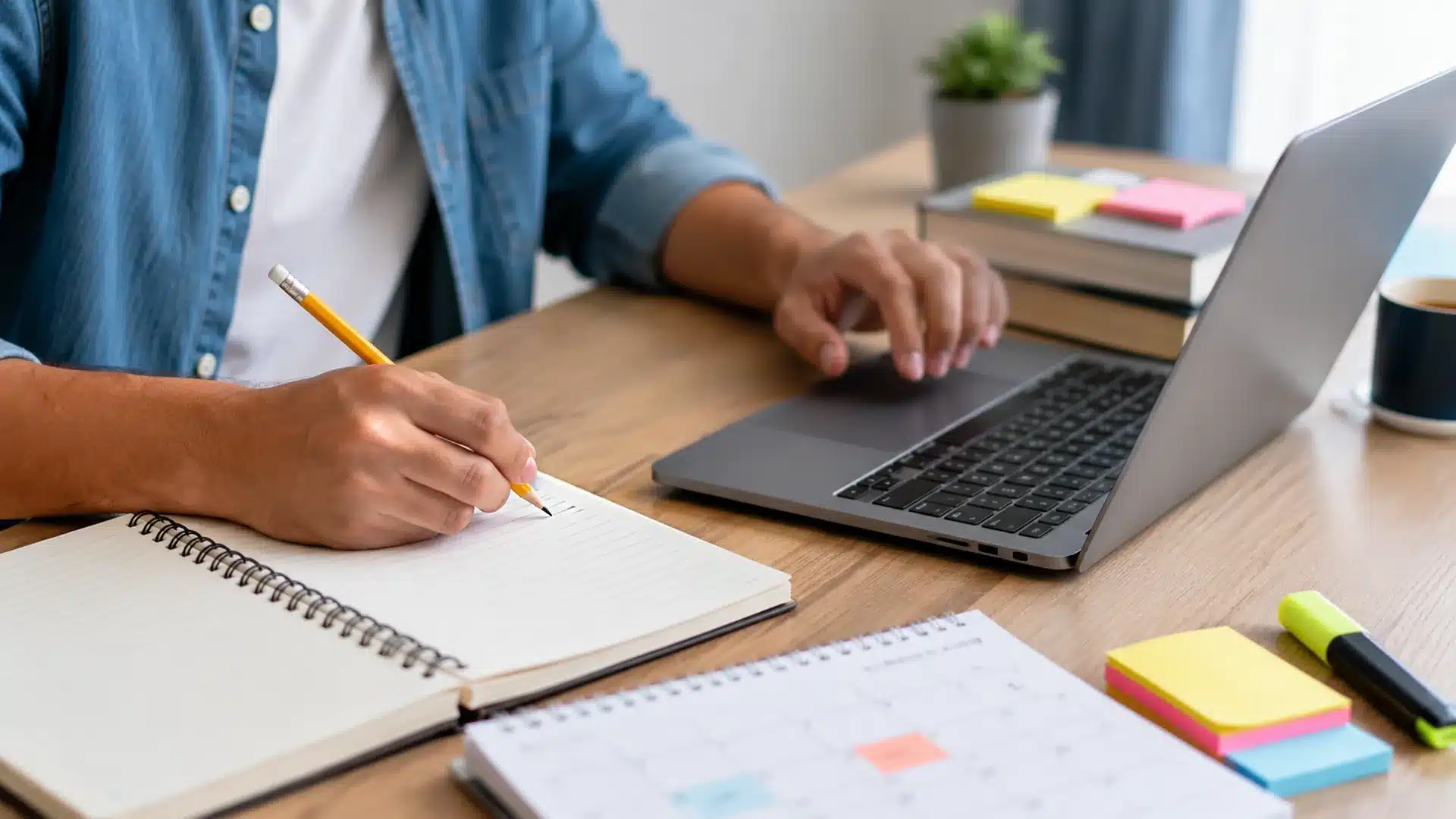 person writing notes beside a laptop with planner, sticky notes, books, and highlighter on a desk