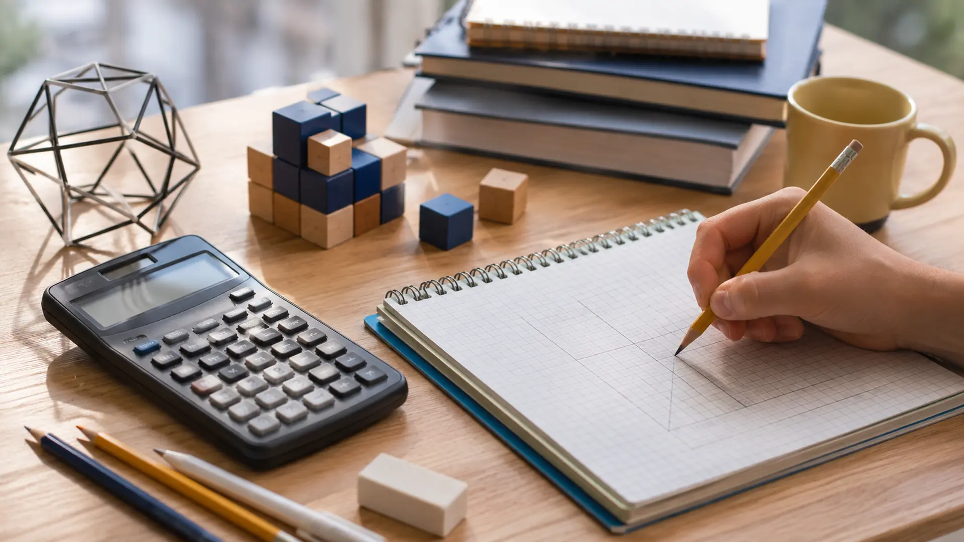 hand drawing a geometry figure in a graph notebook beside a calculator and study materials on a desk