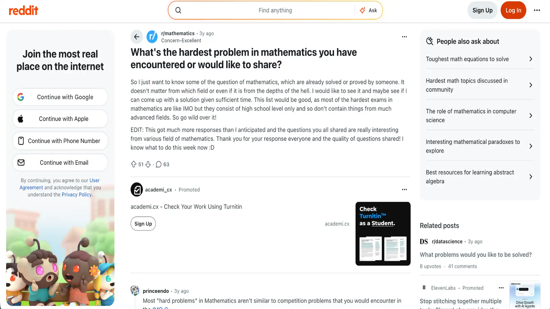 reddit thread discussing the hardest math problems with community comments and student experiences