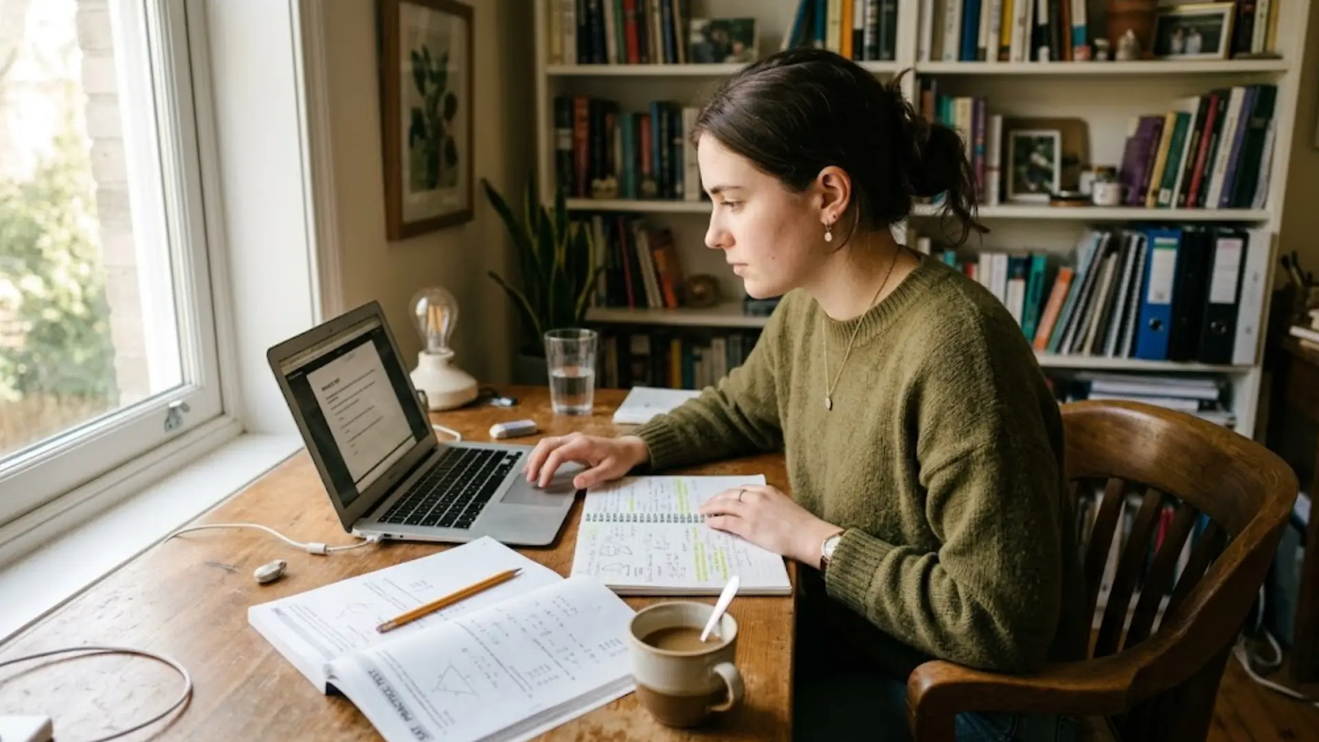 woman reviewing tsi practice test workbook at wooden desk with laptop open notebook and coffee mug nearby
