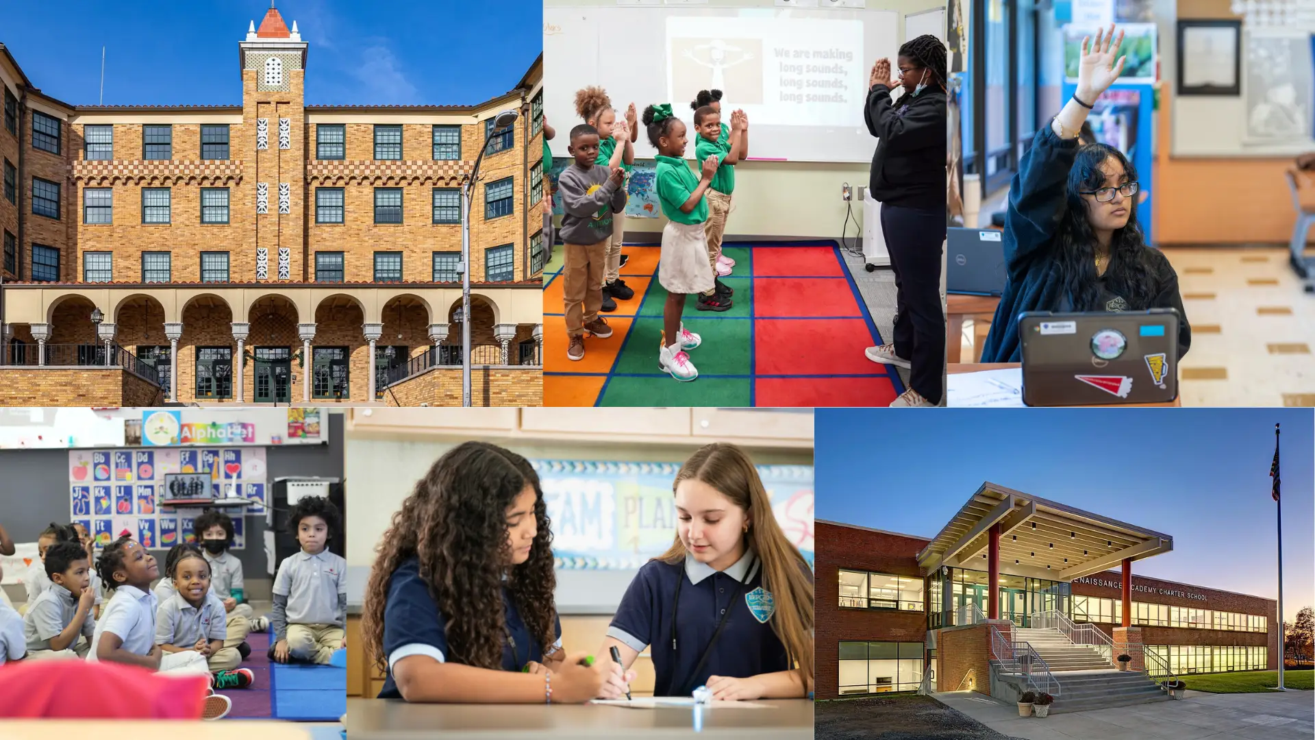 collage of school exteriors and students learning in classrooms