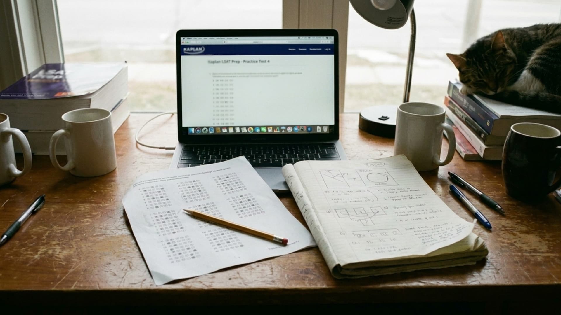 a laptop displaying an online practice test sits on a desk with papers, a pencil, notebook, mugs, pens, and a cat atop stacked books