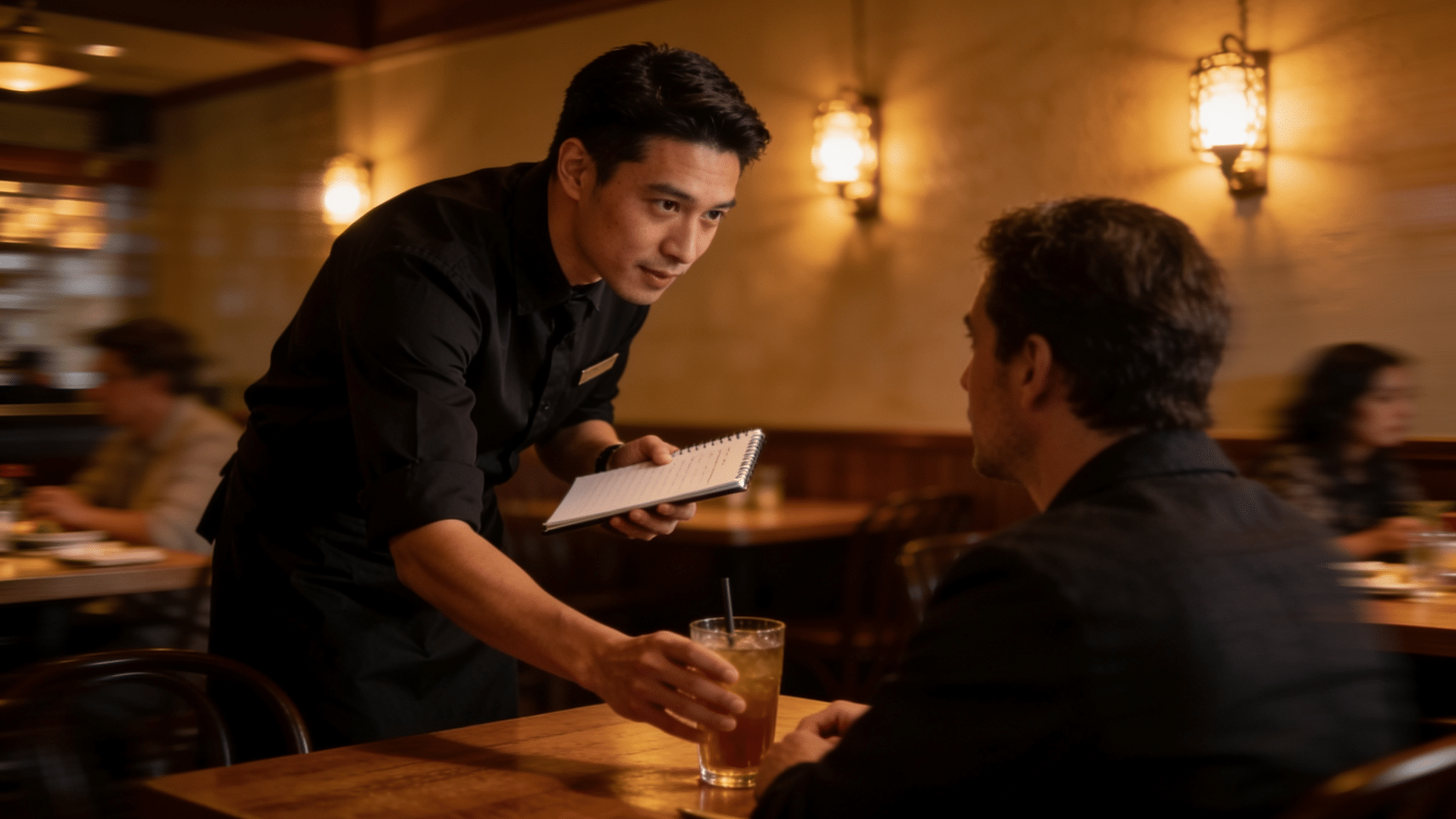 waiter taking an order and setting down an iced tea for a seated customer in a warmly lit restaurant