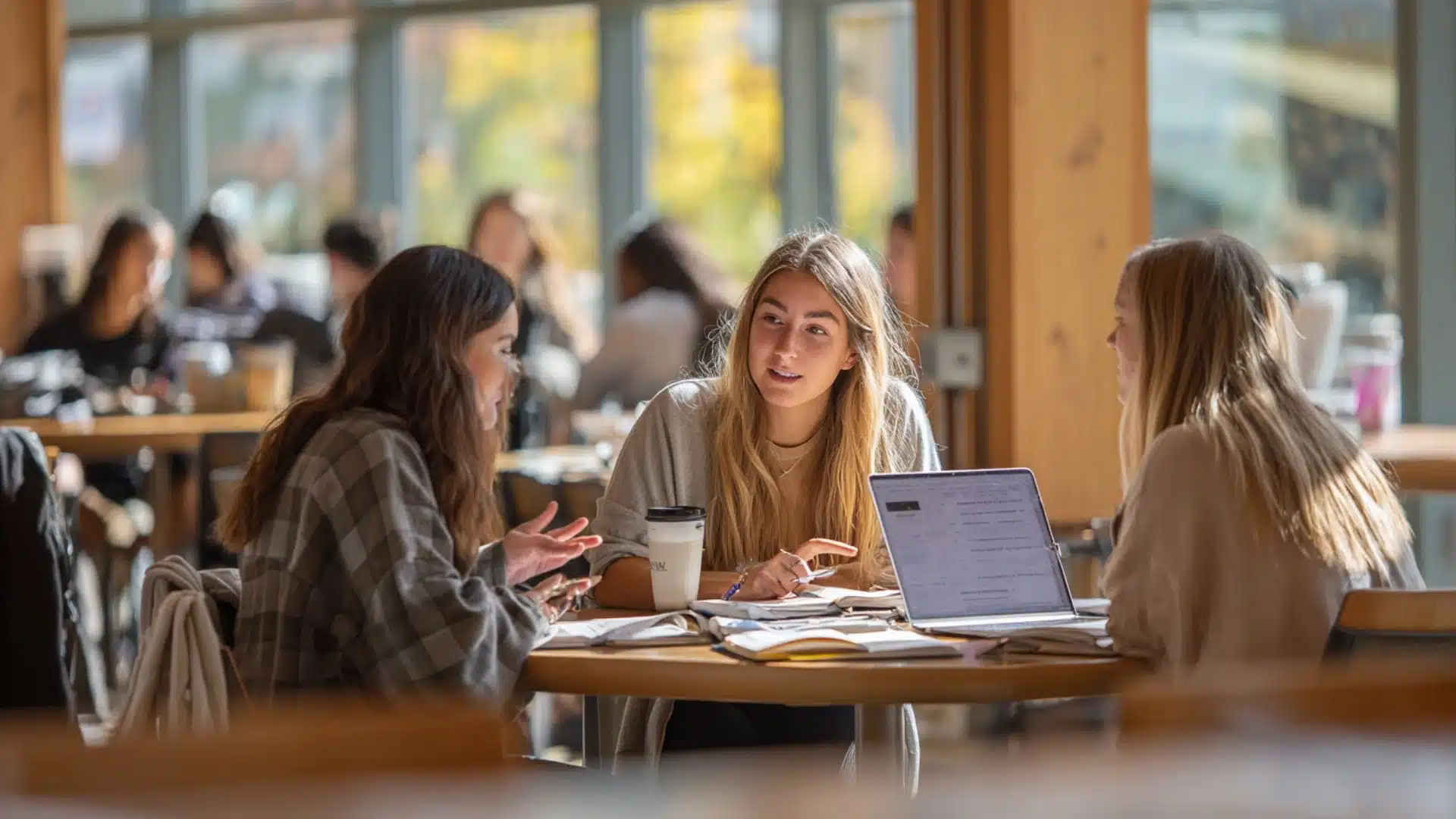 three female college students discussing and studying together at a wooden table with a laptop and open notebooks