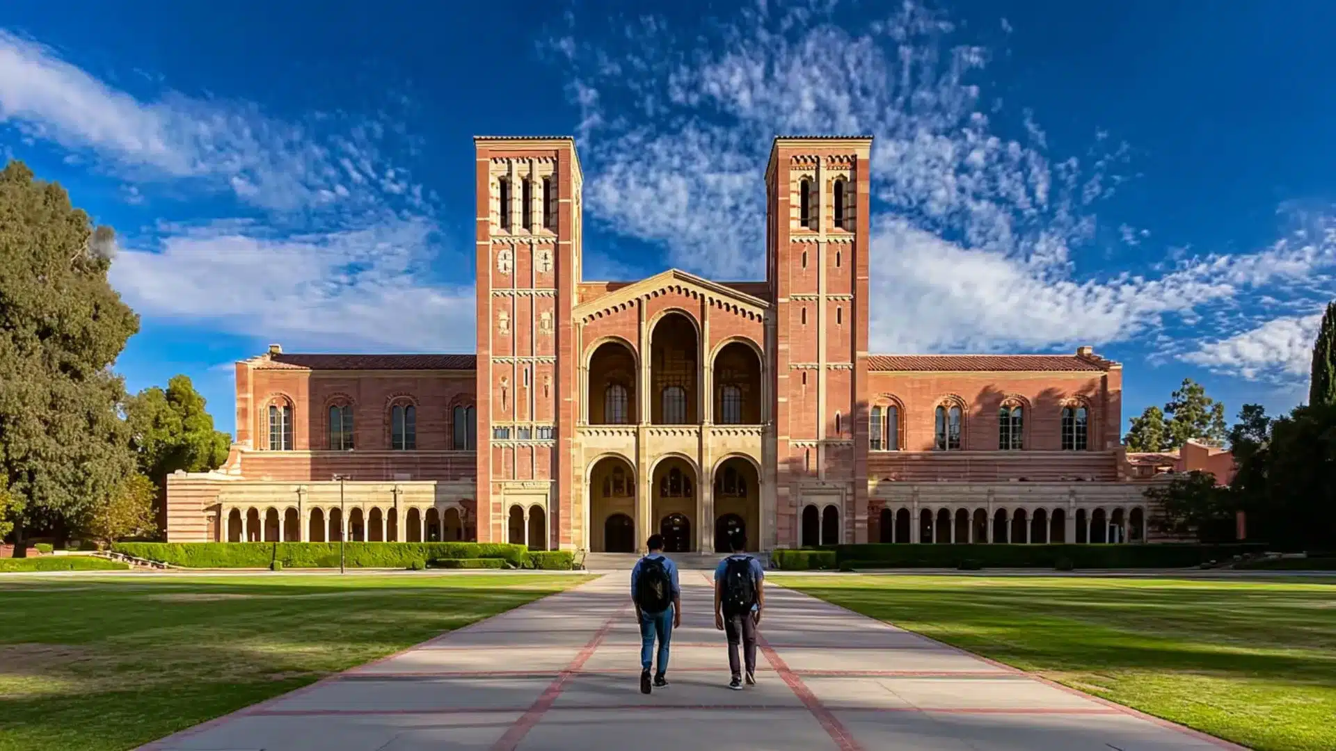 two students with backpacks walking toward ucla royce hall, a grand red brick romanesque building with twin towers