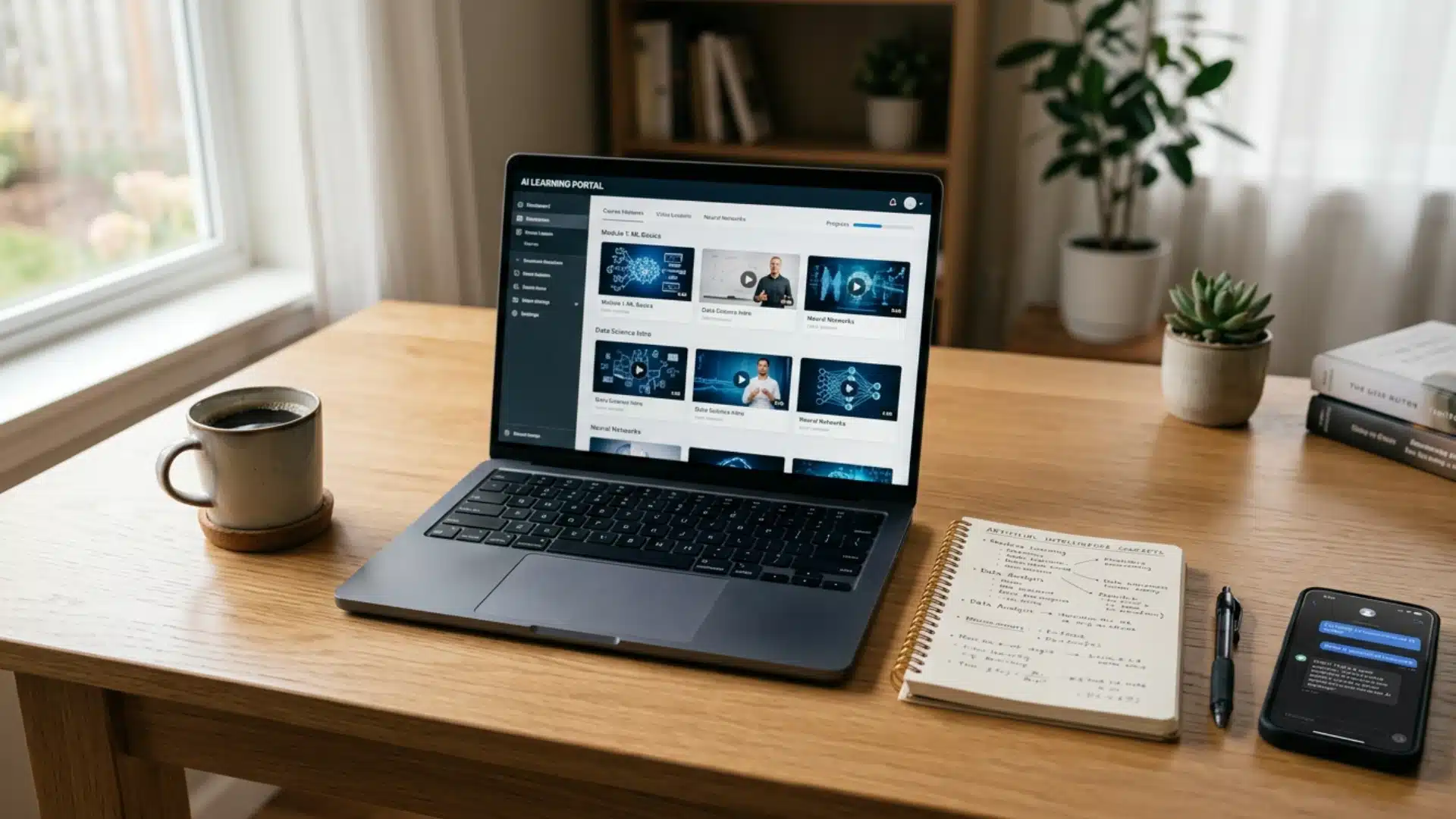 laptop and notebook set up for studying artificial intelligence courses online