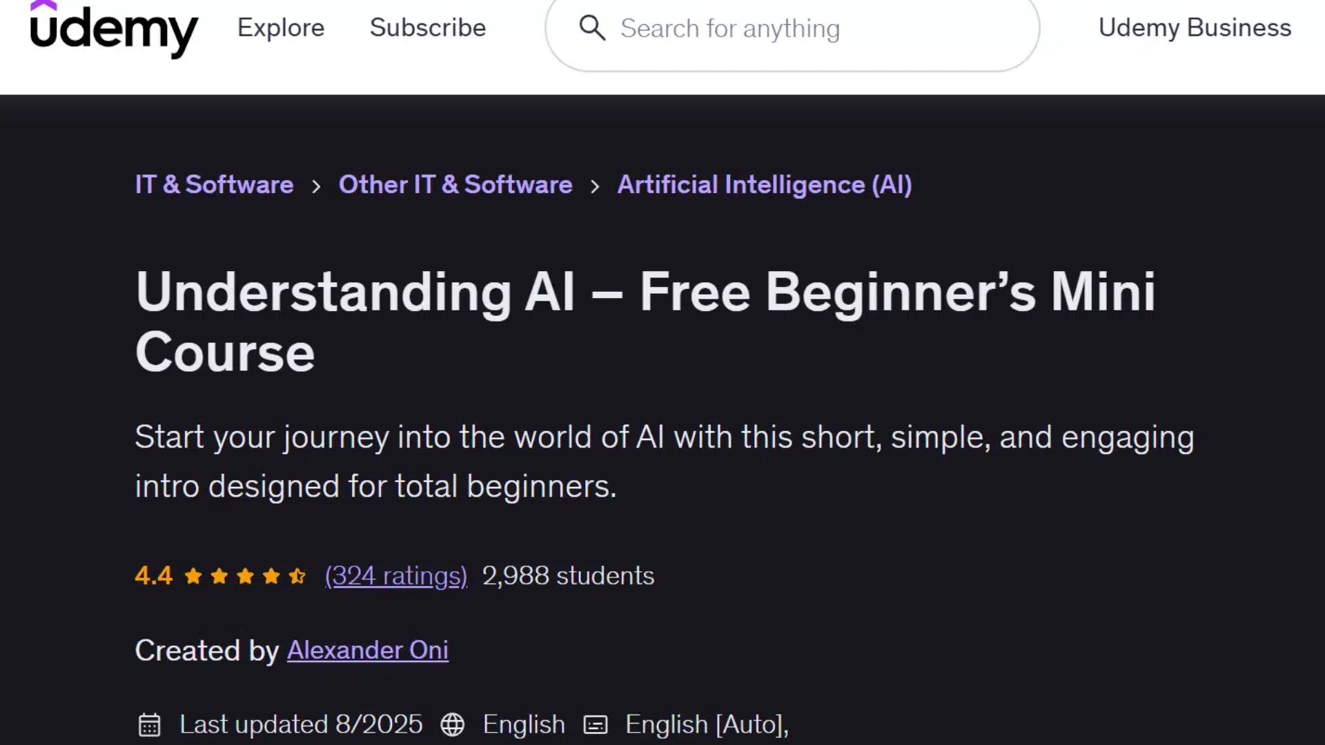 udemy beginner ai course page showing course title, creator details, ratings, and student enrollment