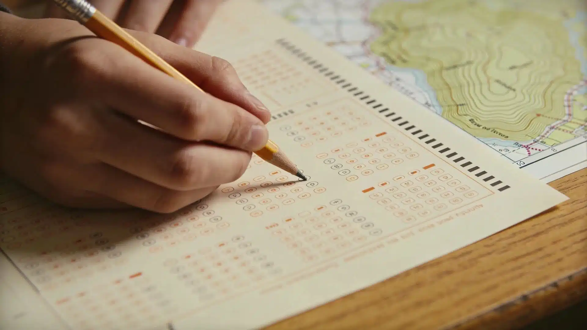 close-up of a student's hand filling bubbles on an exam answer sheet with a pencil, topographic map beside it
