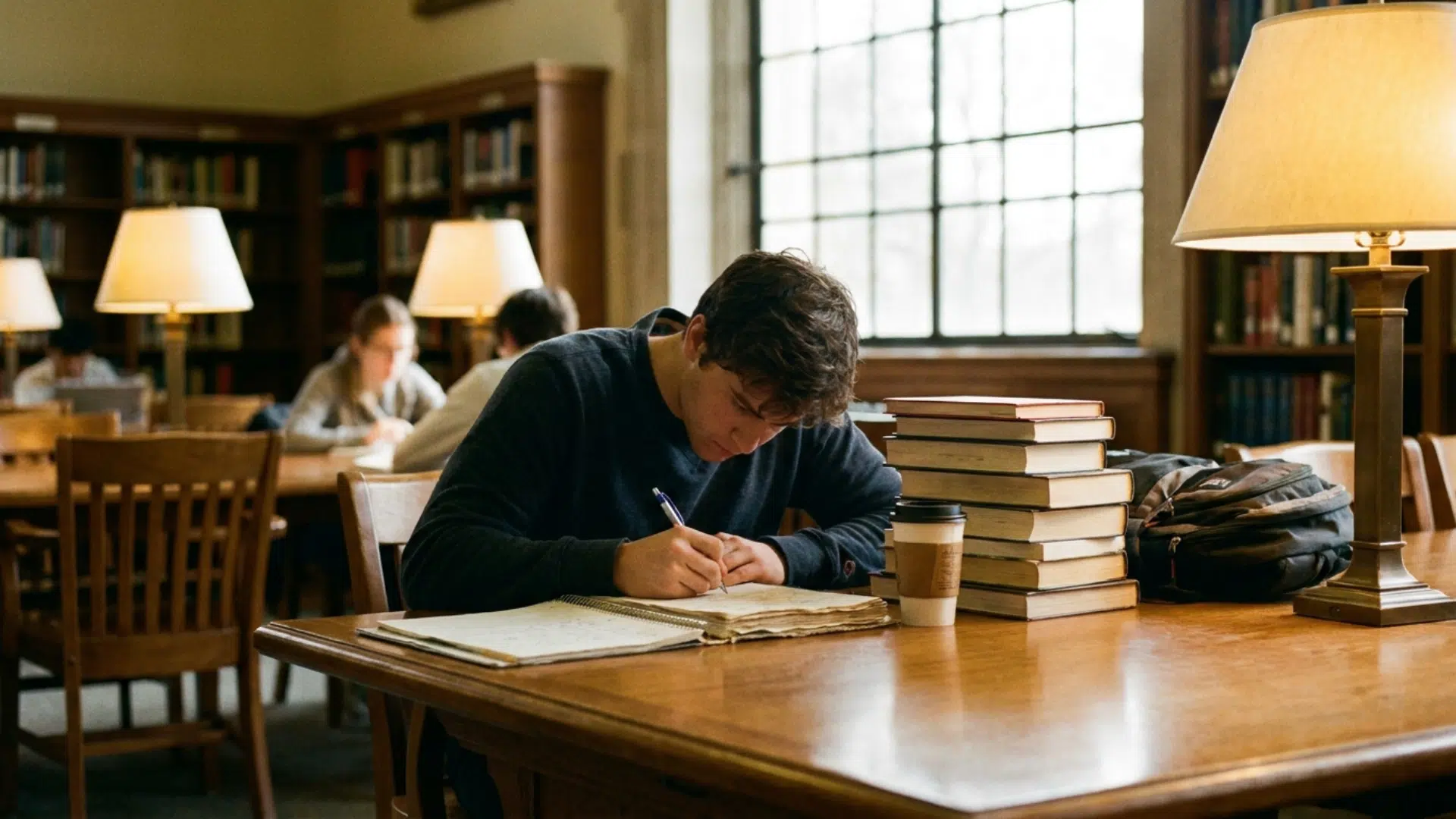 student writing in a notebook at a lamp-lit library table with coffee and a stack of books