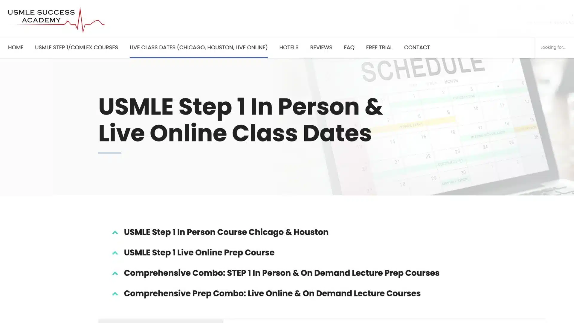 usmle success academy step 1 live class dates page showing in-person chicago houston and online course options
