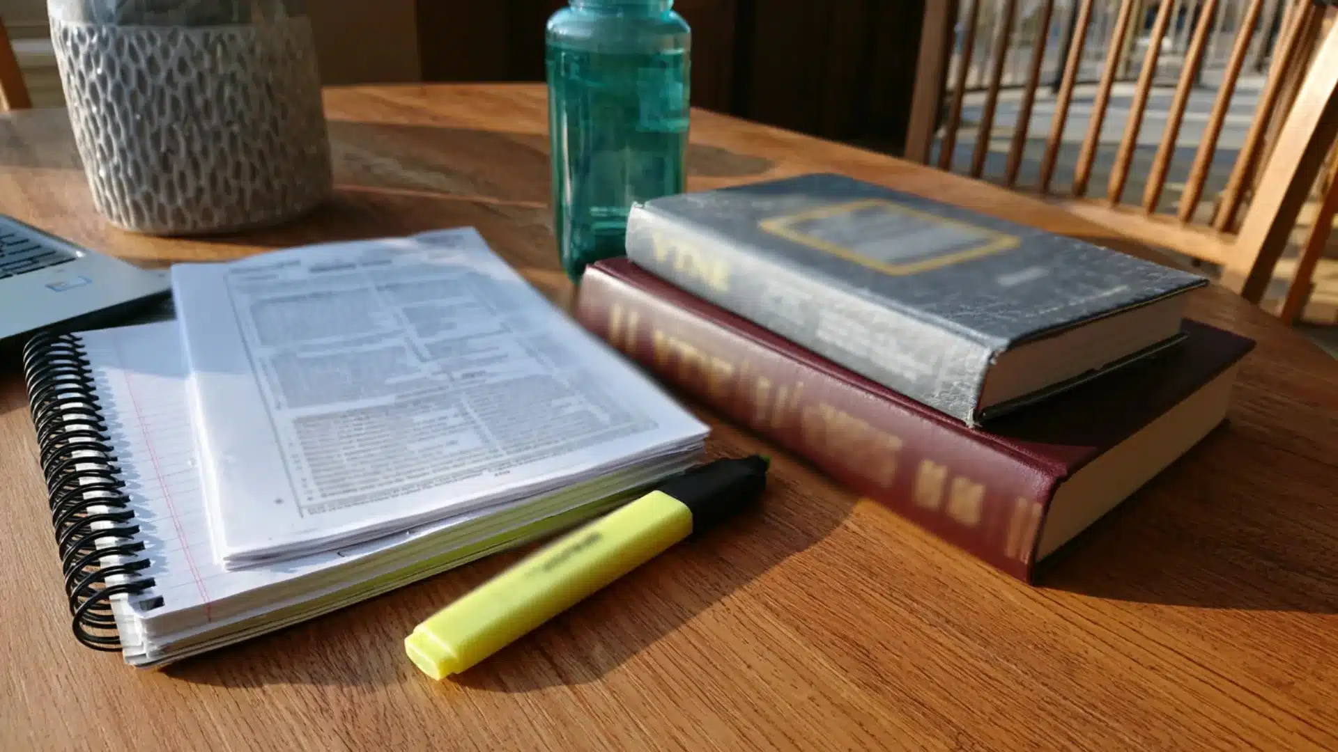 a table holds an open spiral notebook with printed pages, a yellow highlighter, two books, a bottle, and a planter