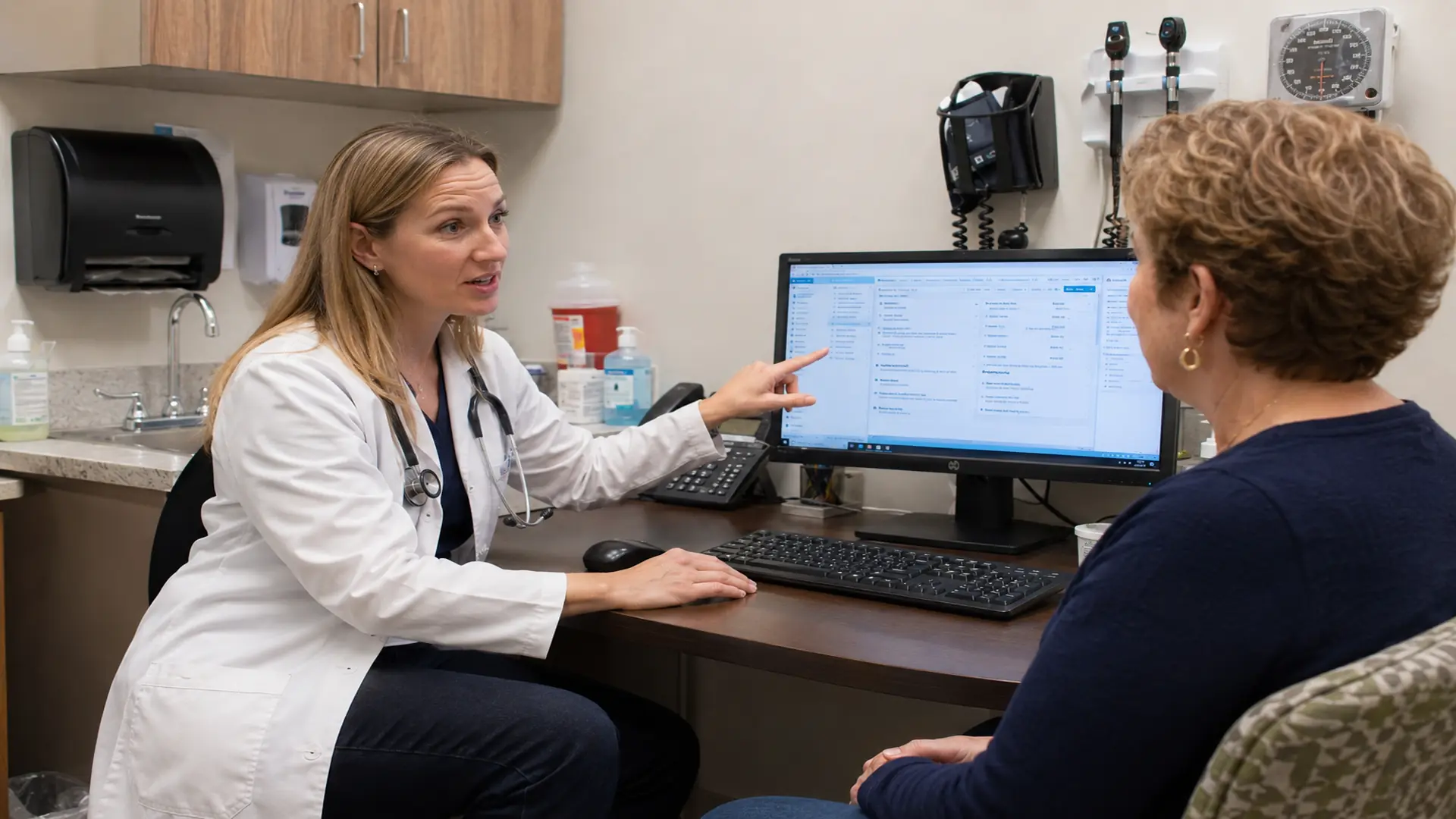 doctor reviewing medical information on a computer screen while discussing care with a patient in an exam room