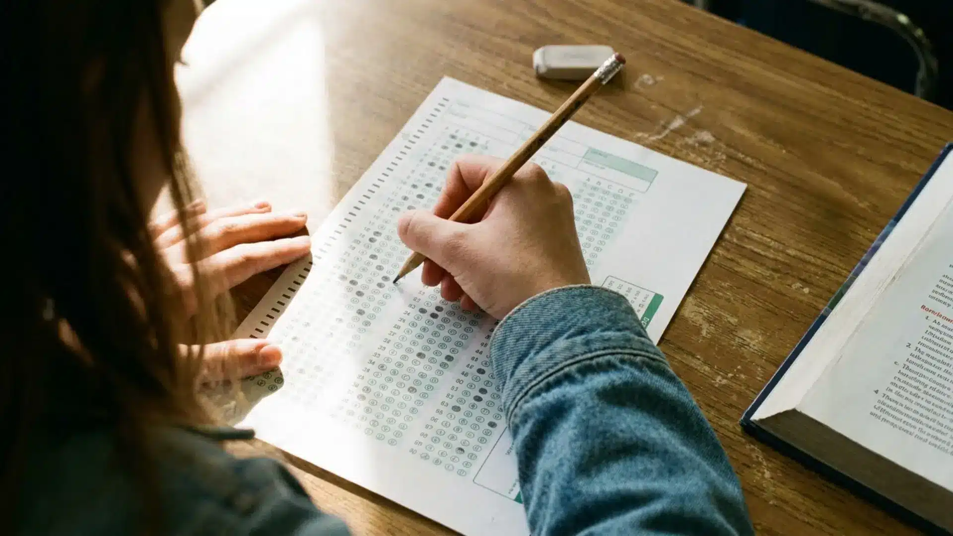 student filling in bubbles on a scantron answer sheet with a pencil at a wooden desk