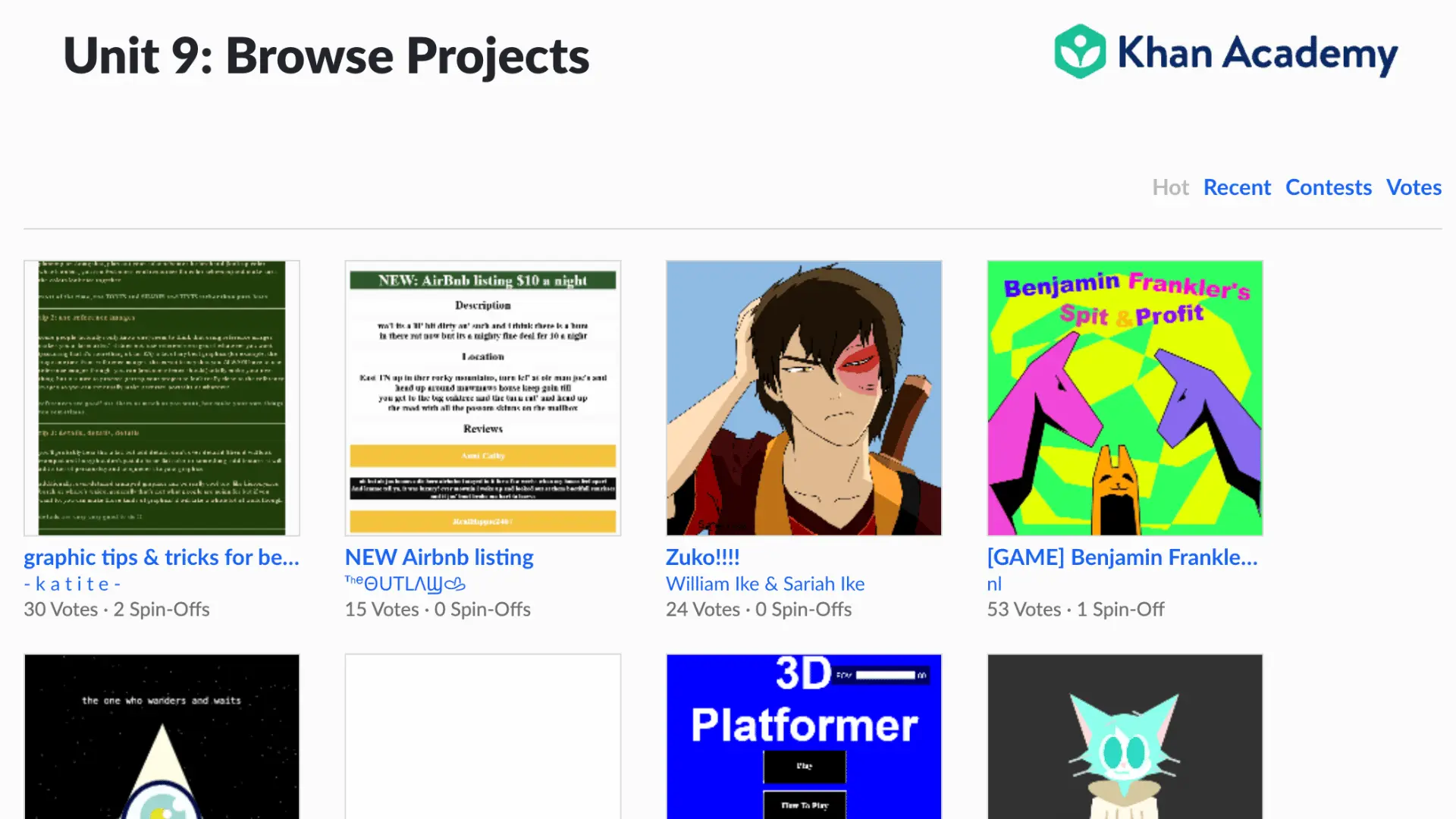 screenshot of khan academy's unit 9 browse projects page showing community-created games, animations, and artwork sorted by votes and spin-offs
