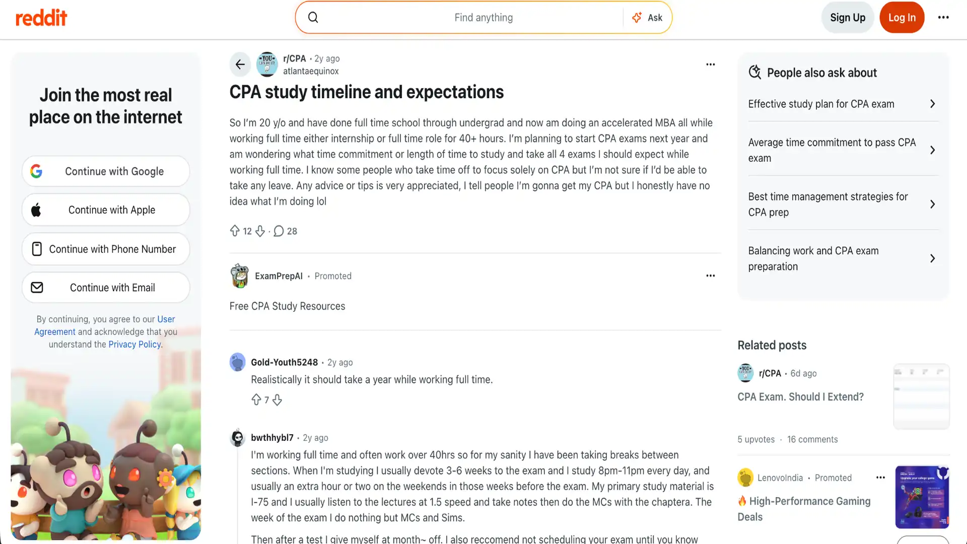 reddit discussion showing a cpa study timeline, exam expectations, and advice for balancing work and study