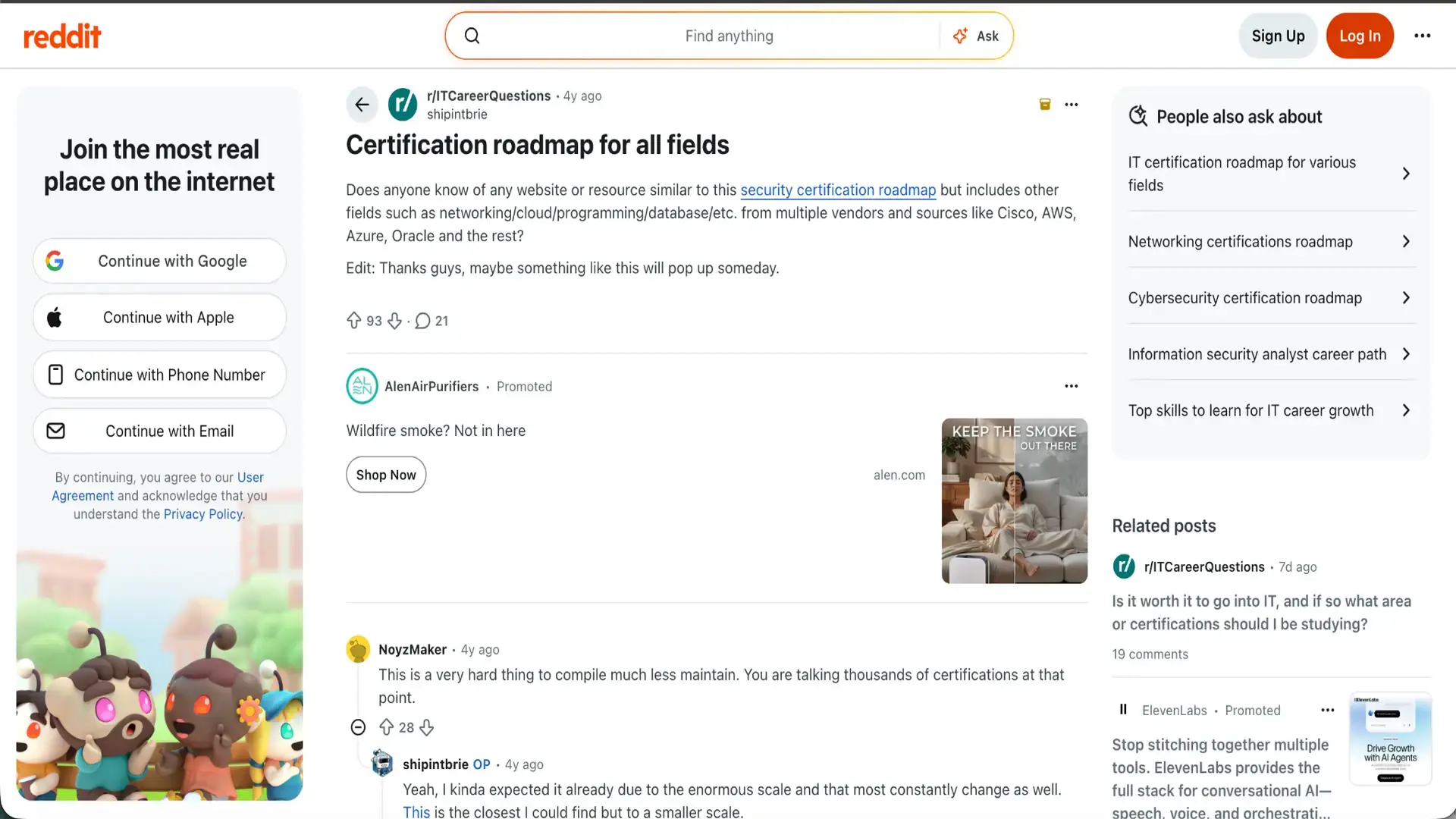 reddit discussion asking for an it certification roadmap covering networking, cloud, and programming