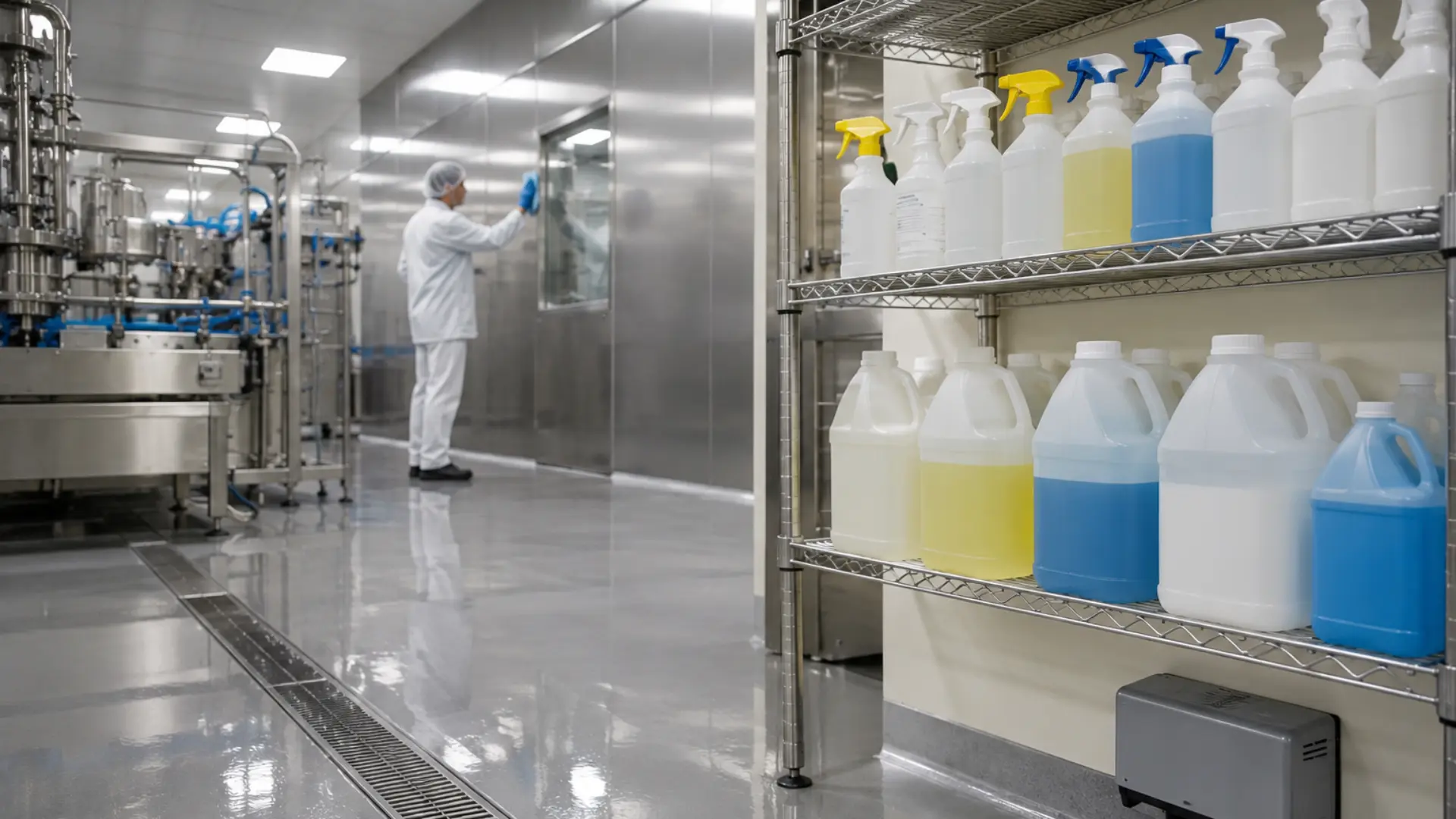 gmp facility worker cleaning near stored cleaning chemicals on shelf