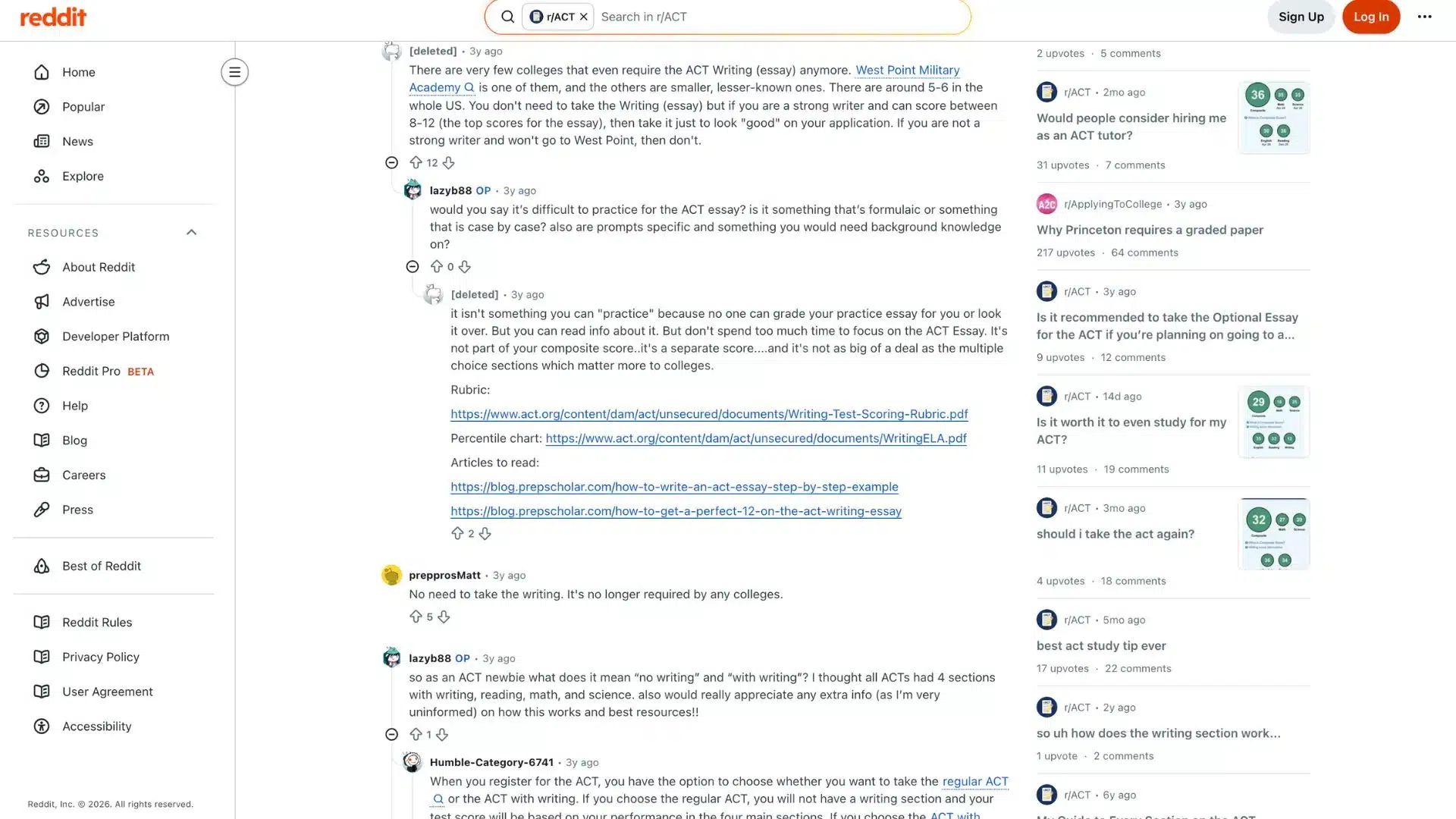 a reddit thread from r/act community showing real student discussions about taking the act writing section