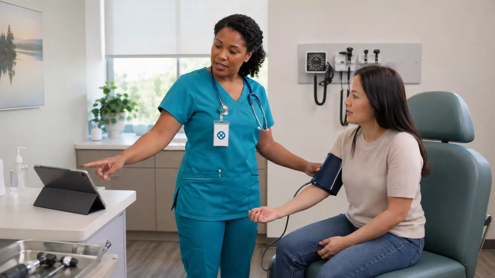 nurse practitioner checks a patient blood pressure while discussing results in a bright exam room