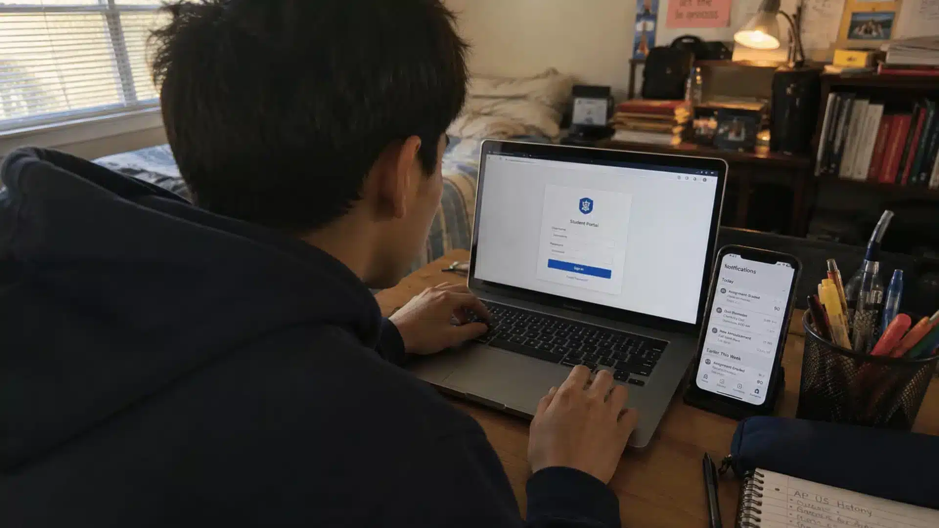student logging into school portal on laptop with phone showing notifications nearby