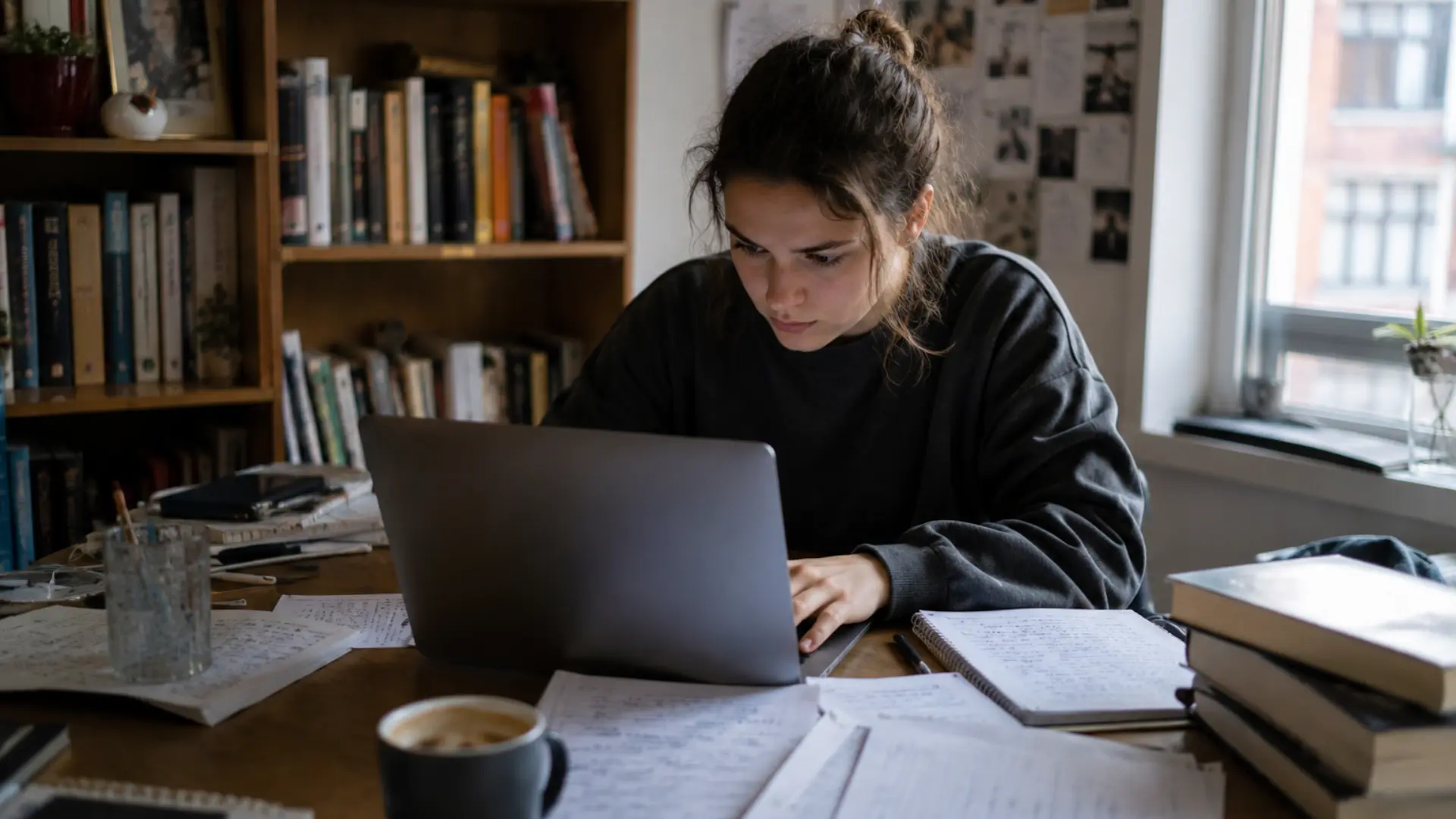 student studying on laptop at a wooden desk with notes, coffee, and warm lamp lighting